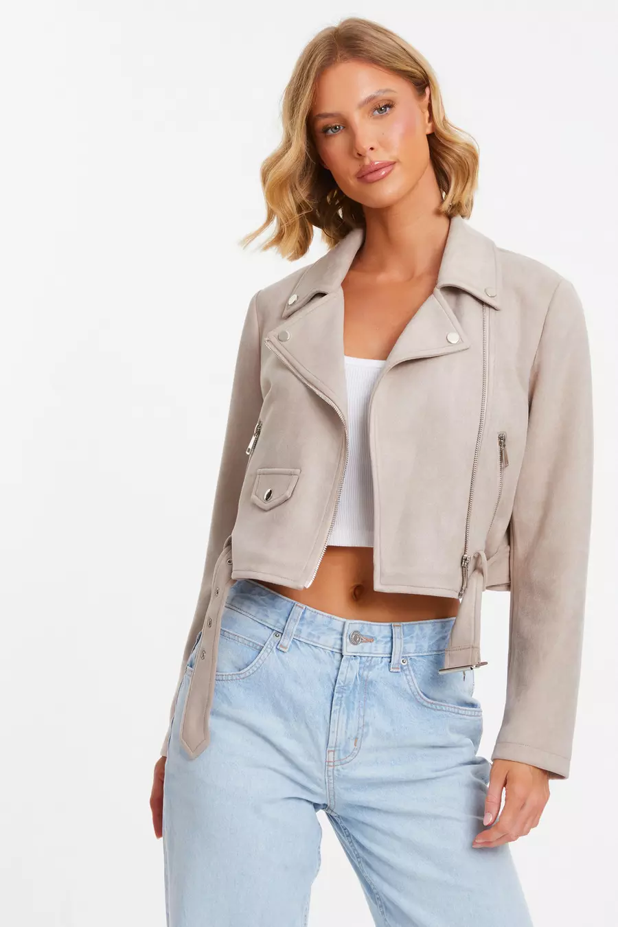 Stone Faux Suede Cropped Biker Jacket QUIZ Clothing