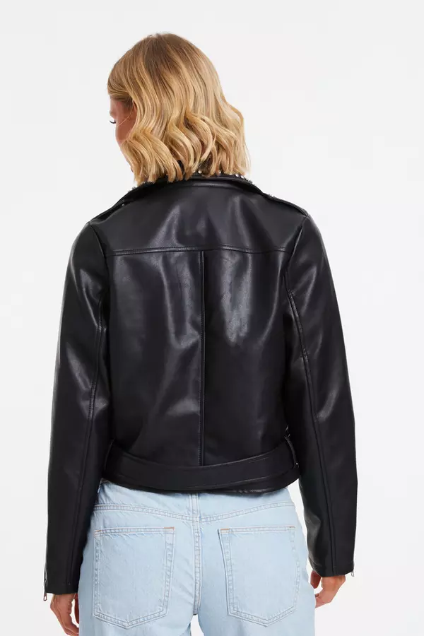 Black Faux Leather Studded Biker Jacket