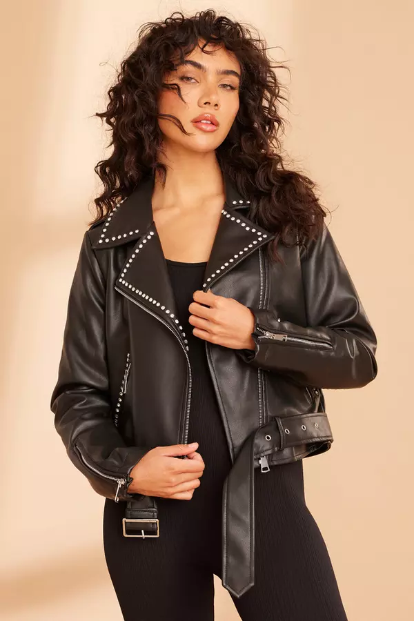 Black Faux Leather Studded Biker Jacket