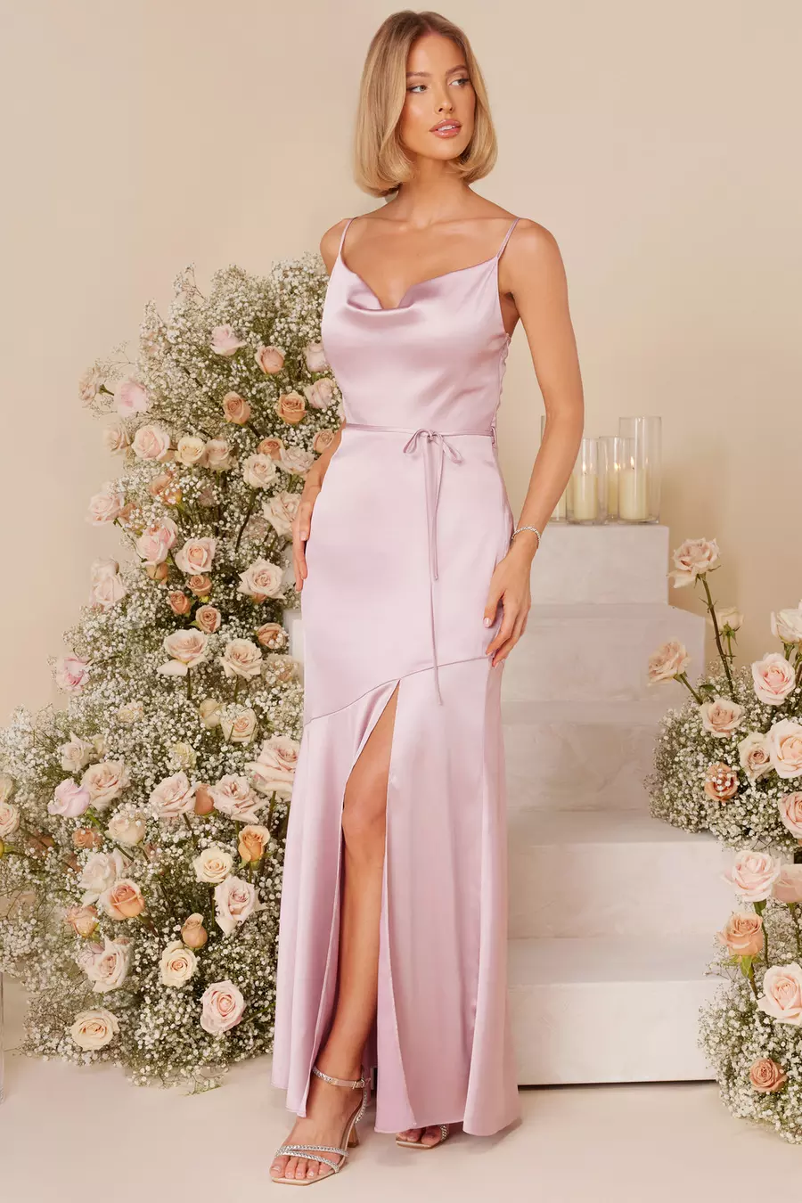 Pale Pink Satin Strappy Maxi Dress QUIZ Clothing