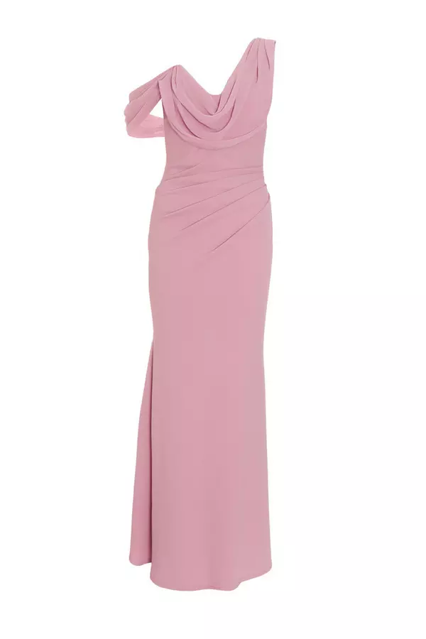 Pink Asymmetric Cowl Neck Maxi Dress