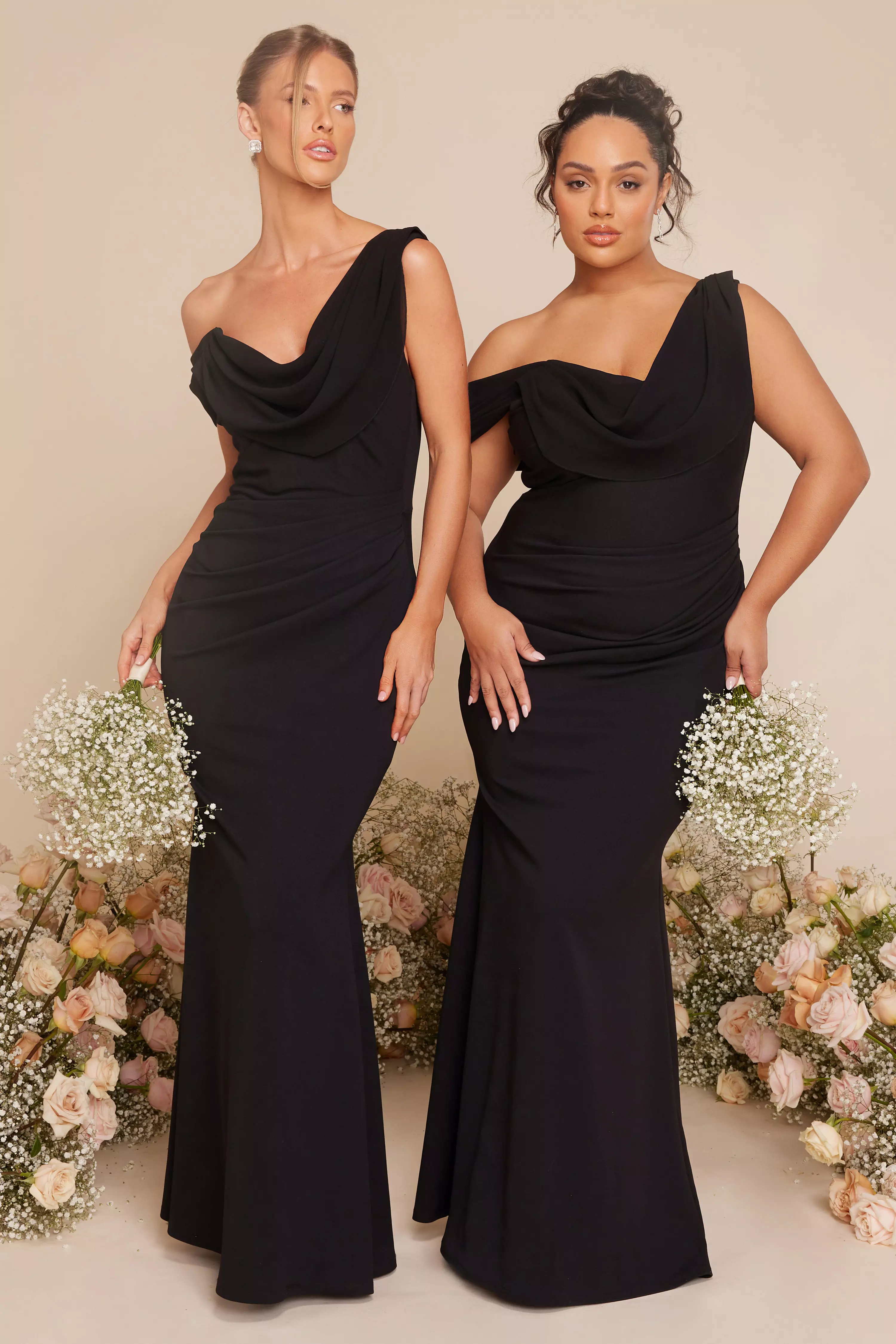 Black Asymmetric Cowl Neck Maxi Dress