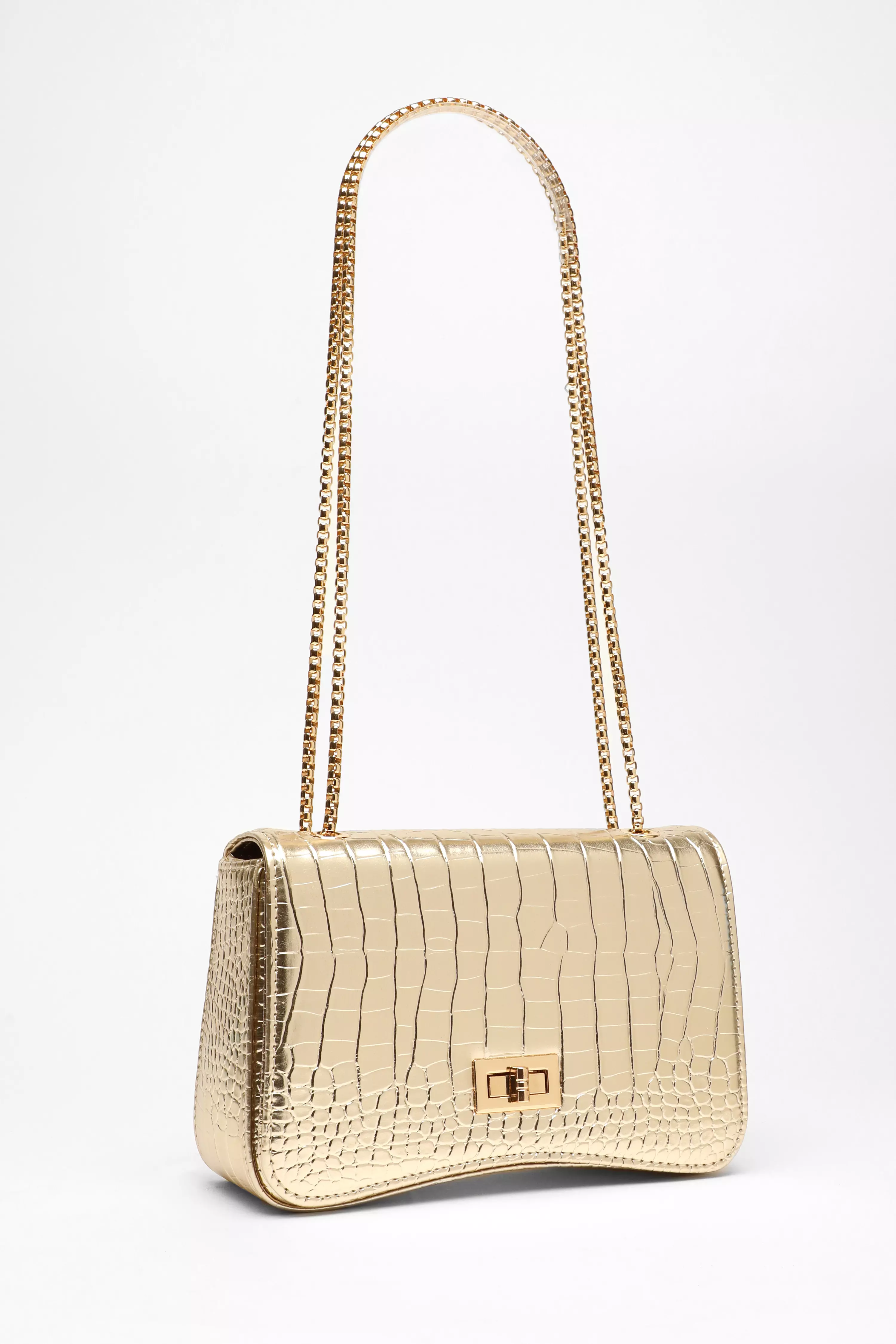 Gold Crocodile Print Cross Body Bag