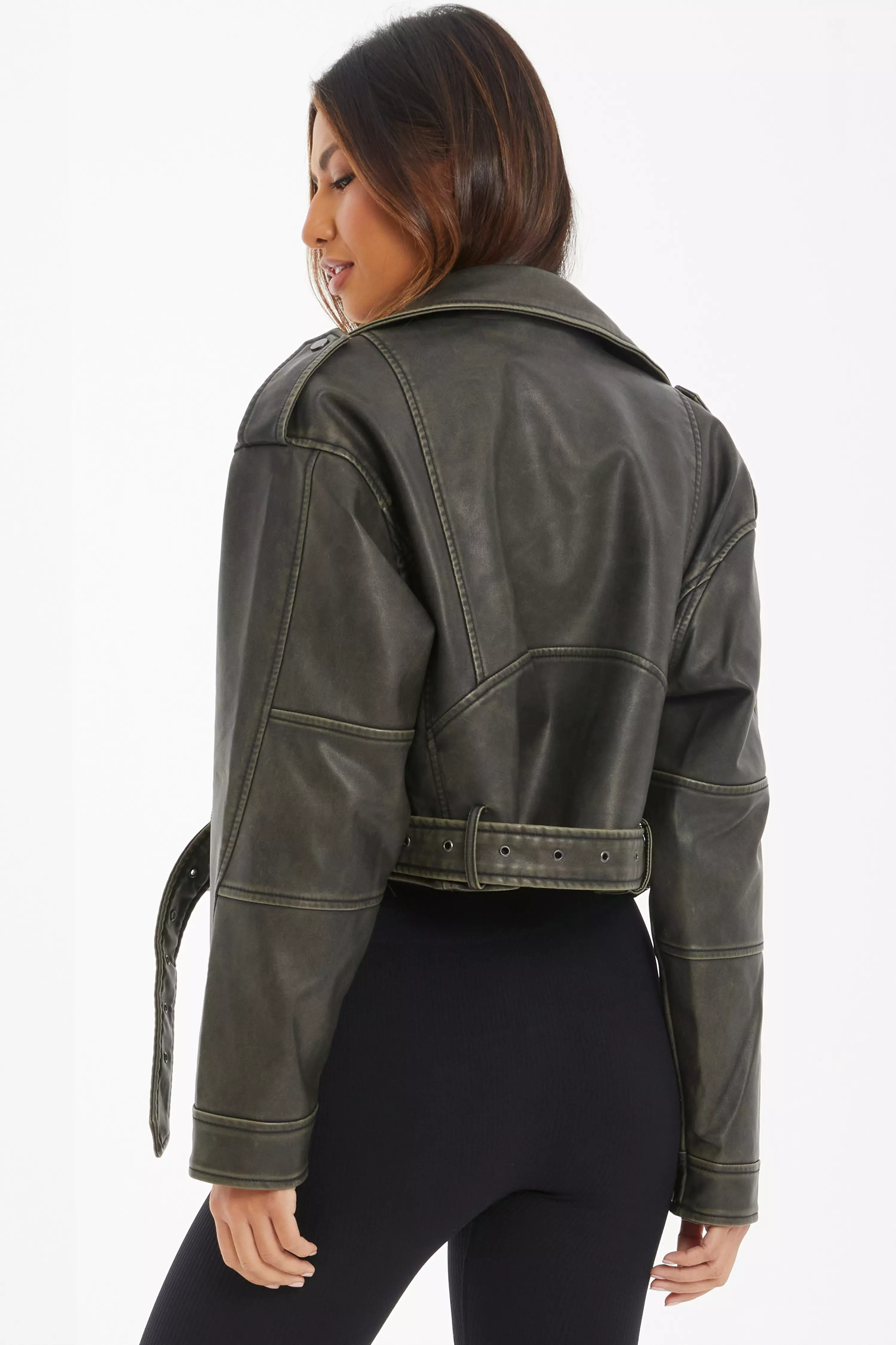 Khaki Faux Leather Oversized Biker Jacket