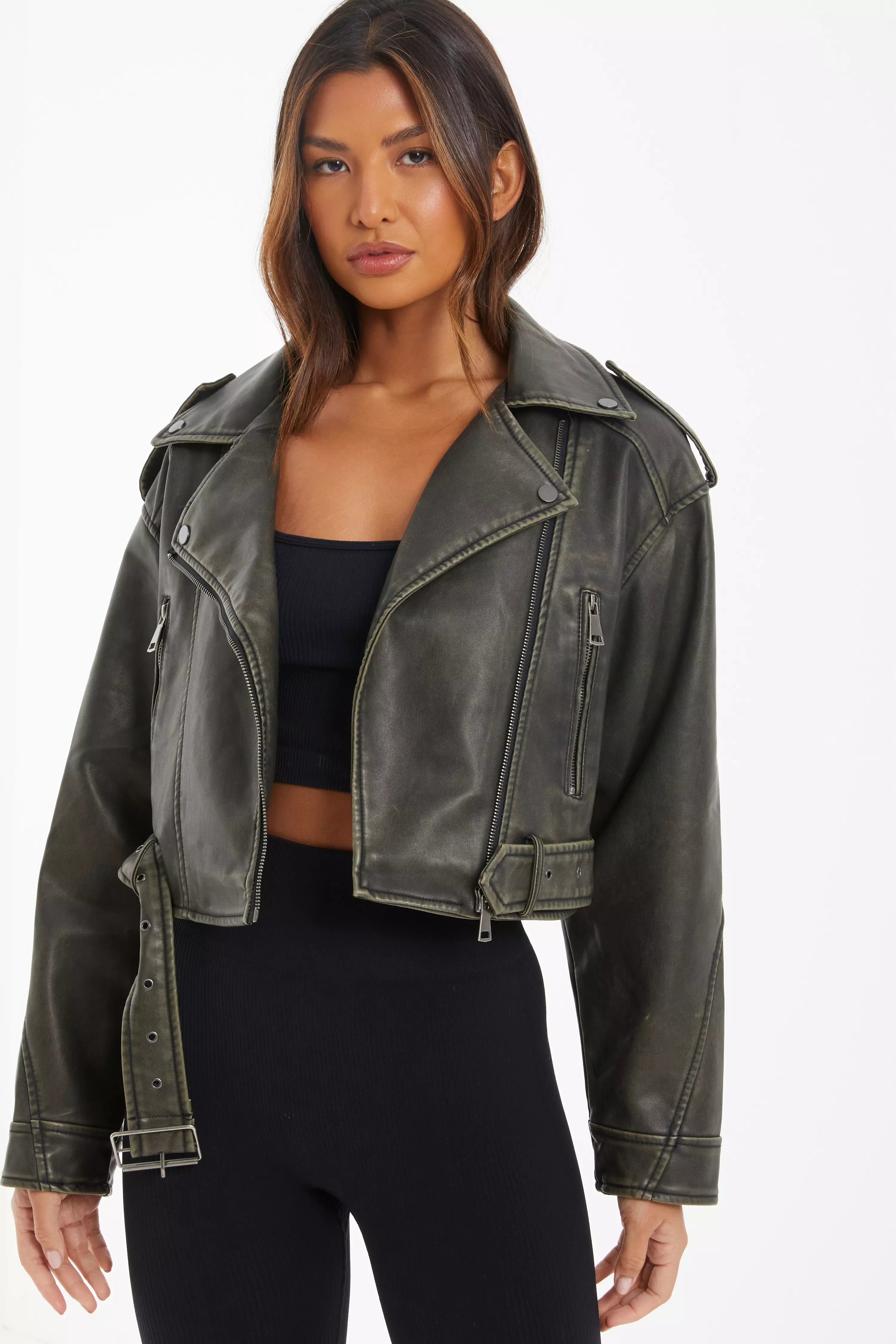 Khaki Faux Leather Oversized Biker Jacket