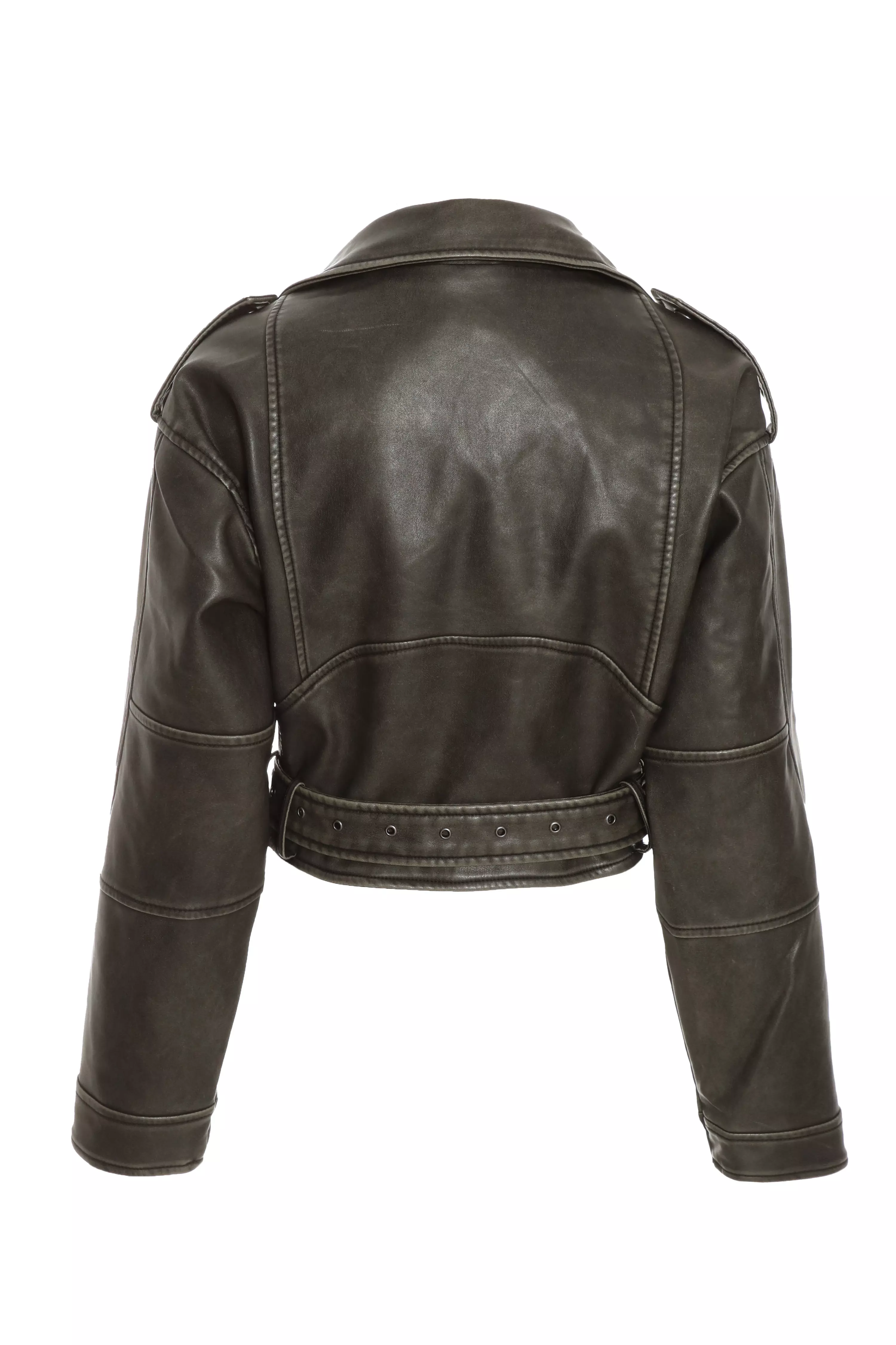 Khaki Faux Leather Oversized Biker Jacket