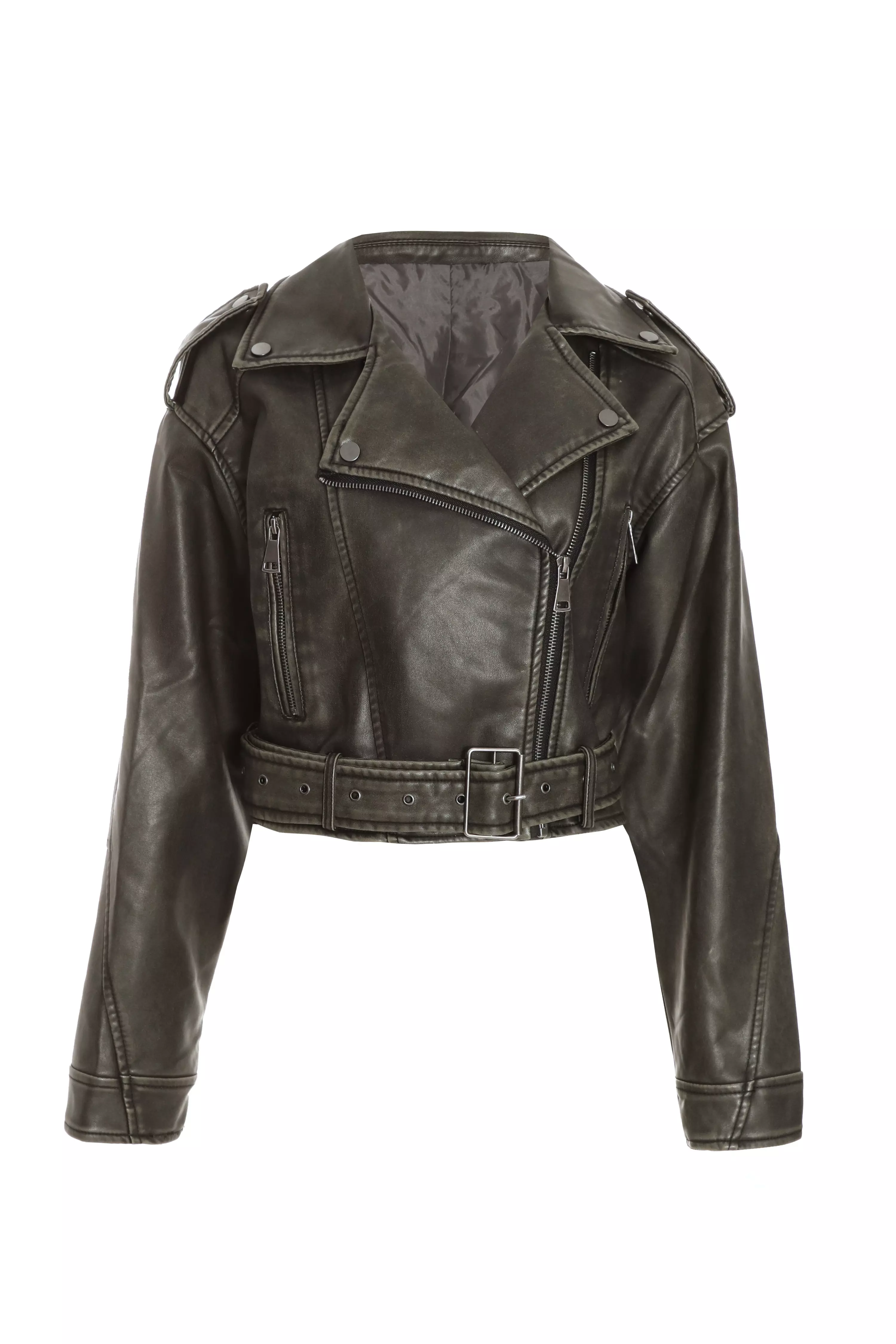 Khaki Faux Leather Oversized Biker Jacket