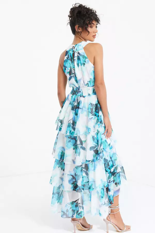 Blue Floral Tiered Dip Hem Midi Dress