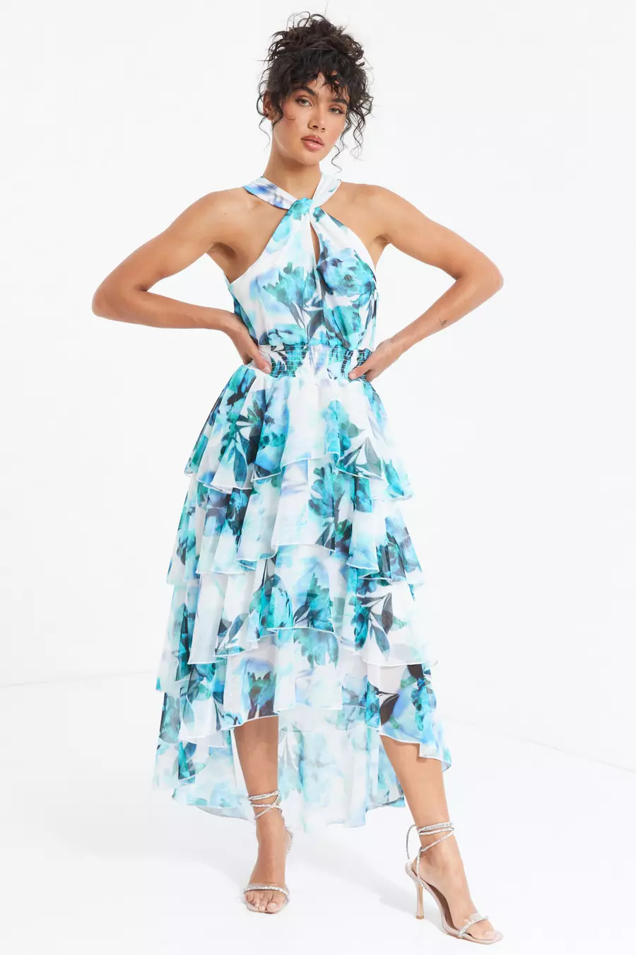 Blue Floral Tiered Dip Hem Midi Dress QUIZ Clothing