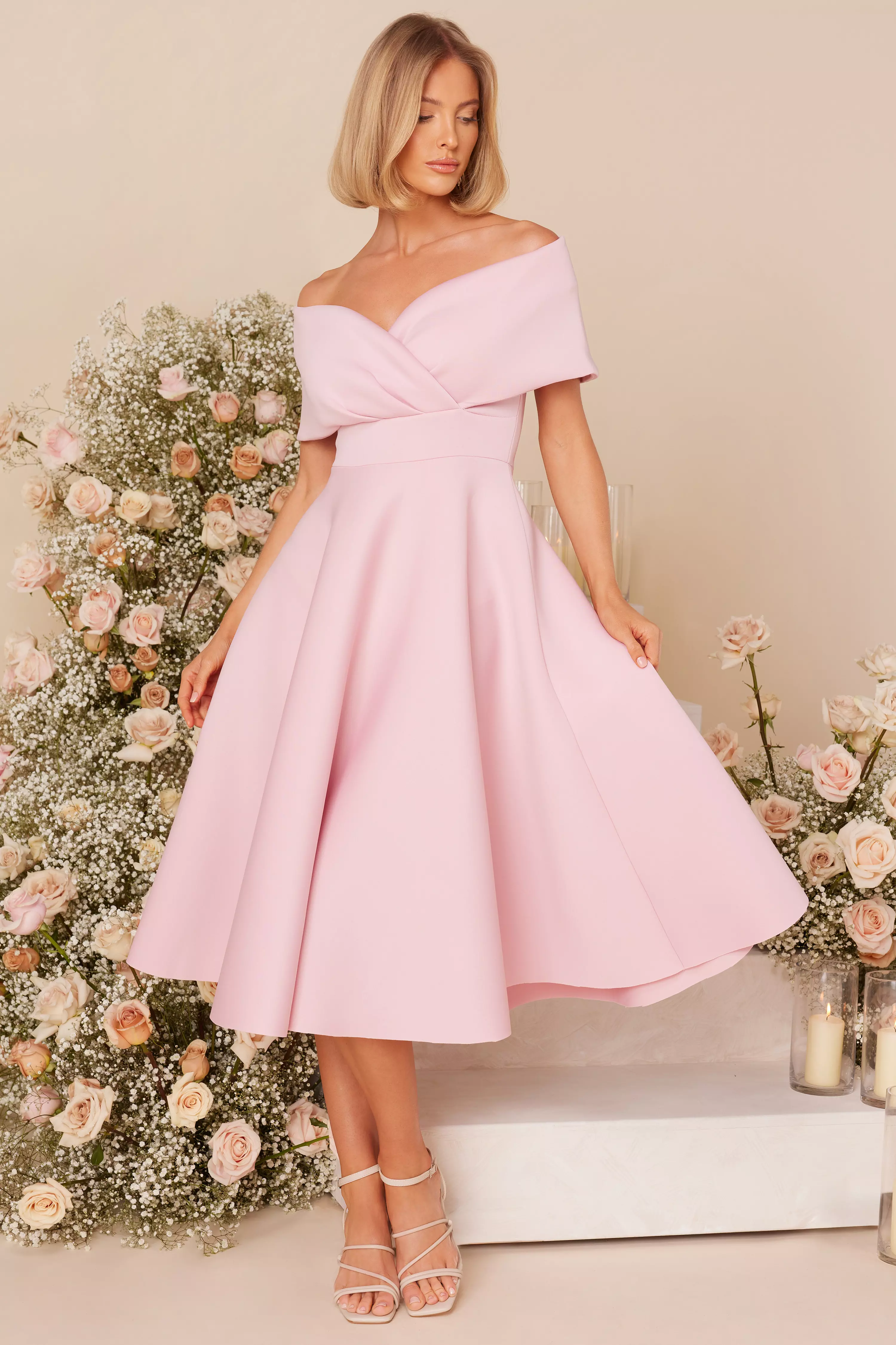 Pink Bardot Skater Midi Dress