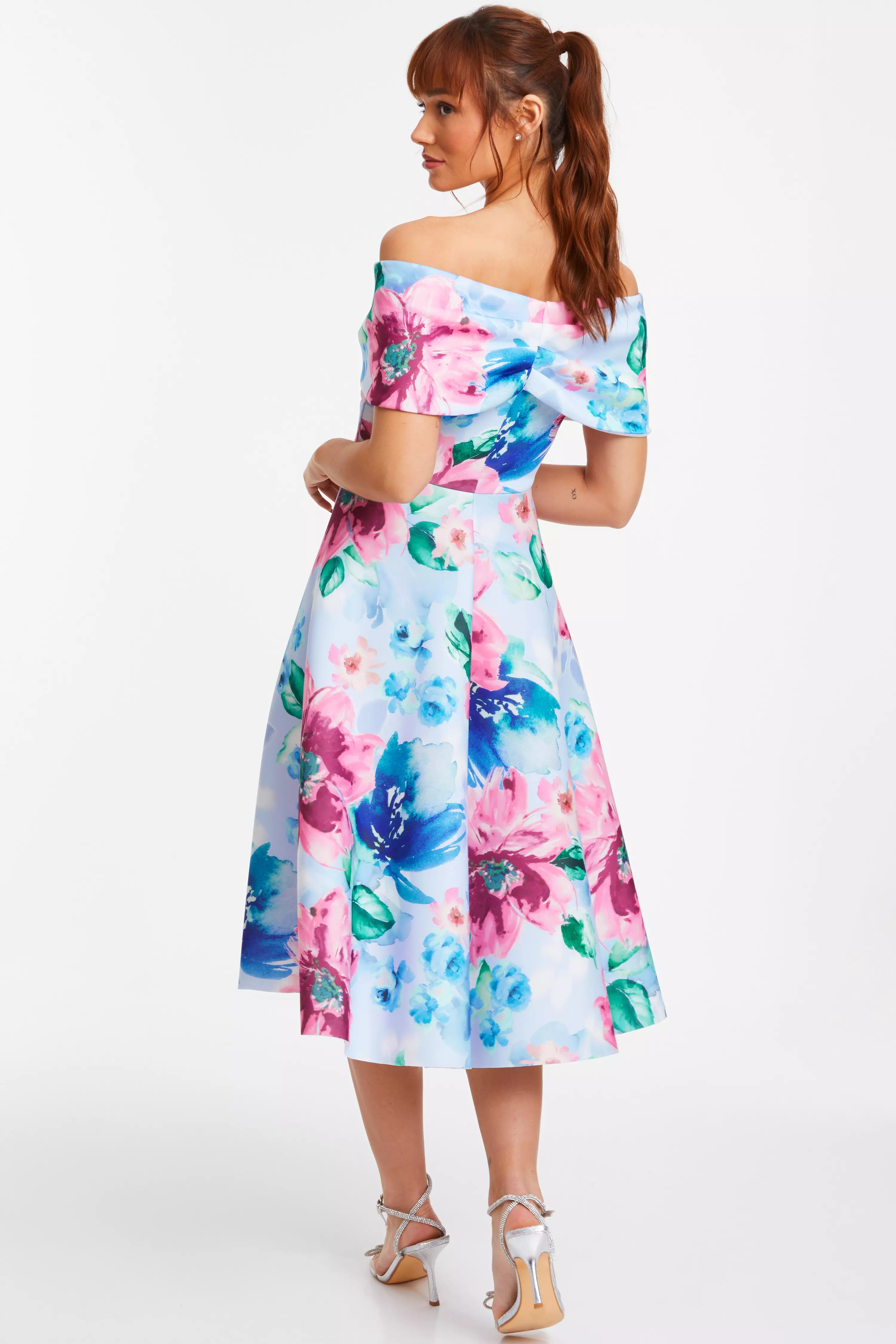 Blue Floral Bardot Skater Midi Dress