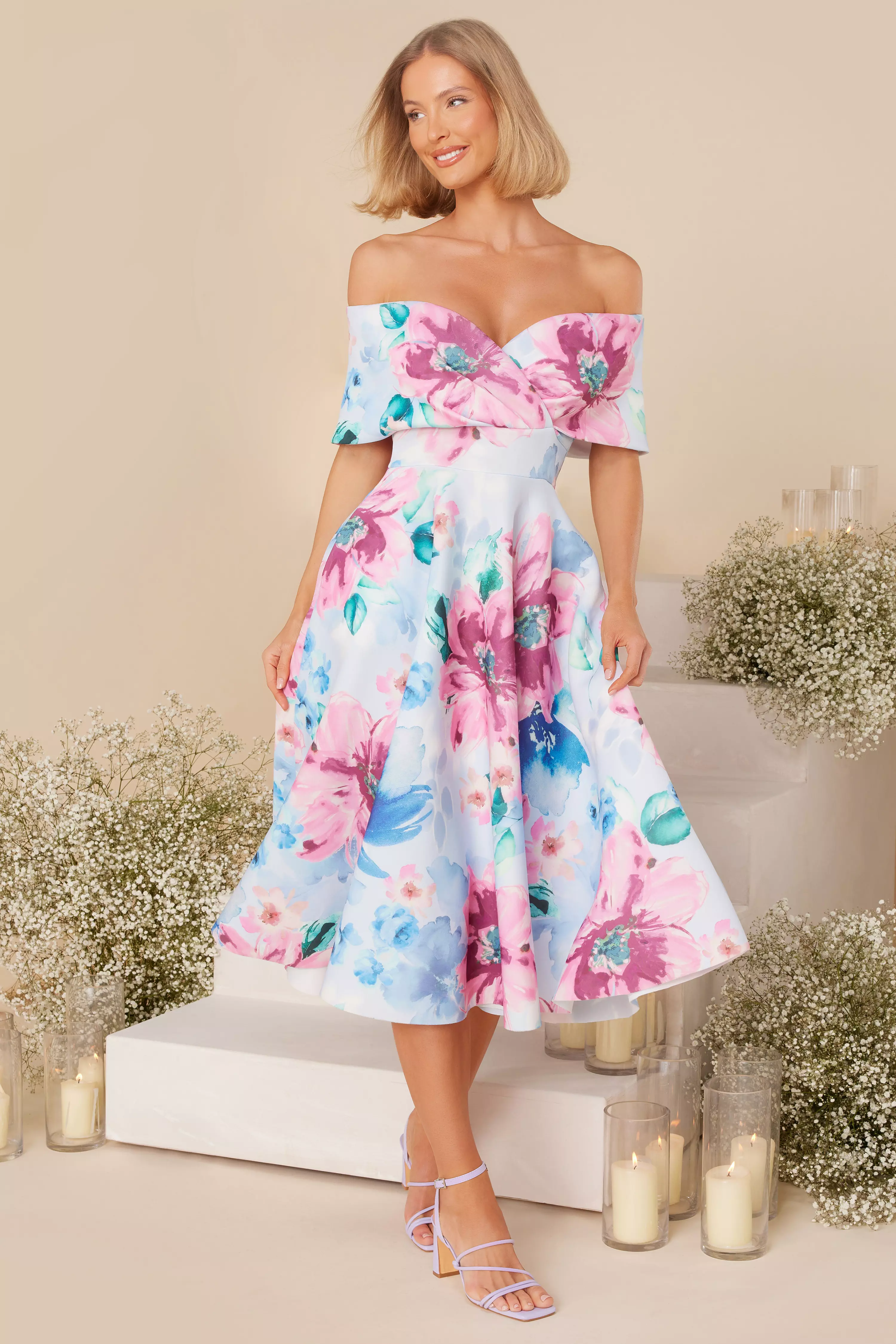 Blue Floral Bardot Skater Midi Dress