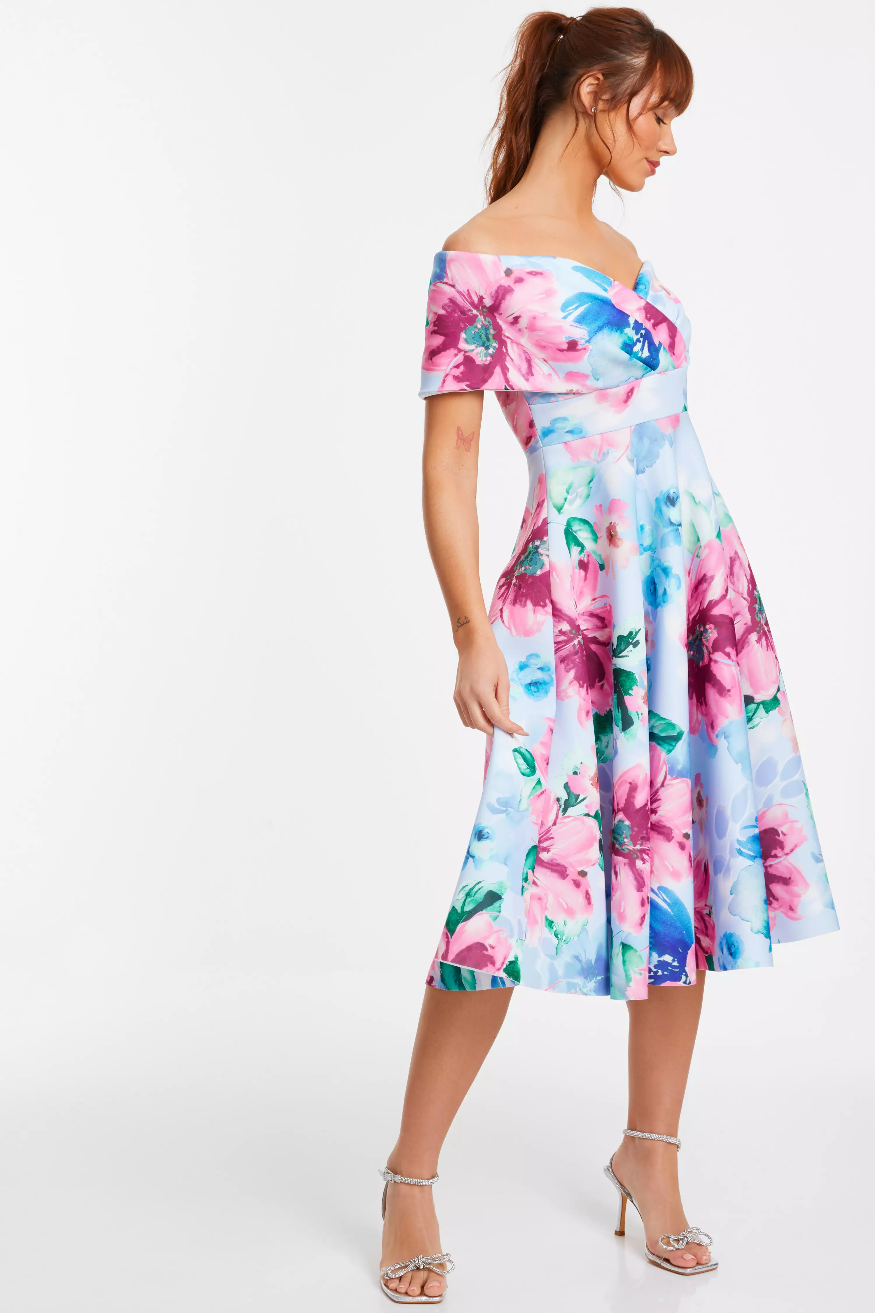 Blue Floral Bardot Skater Midi Dress