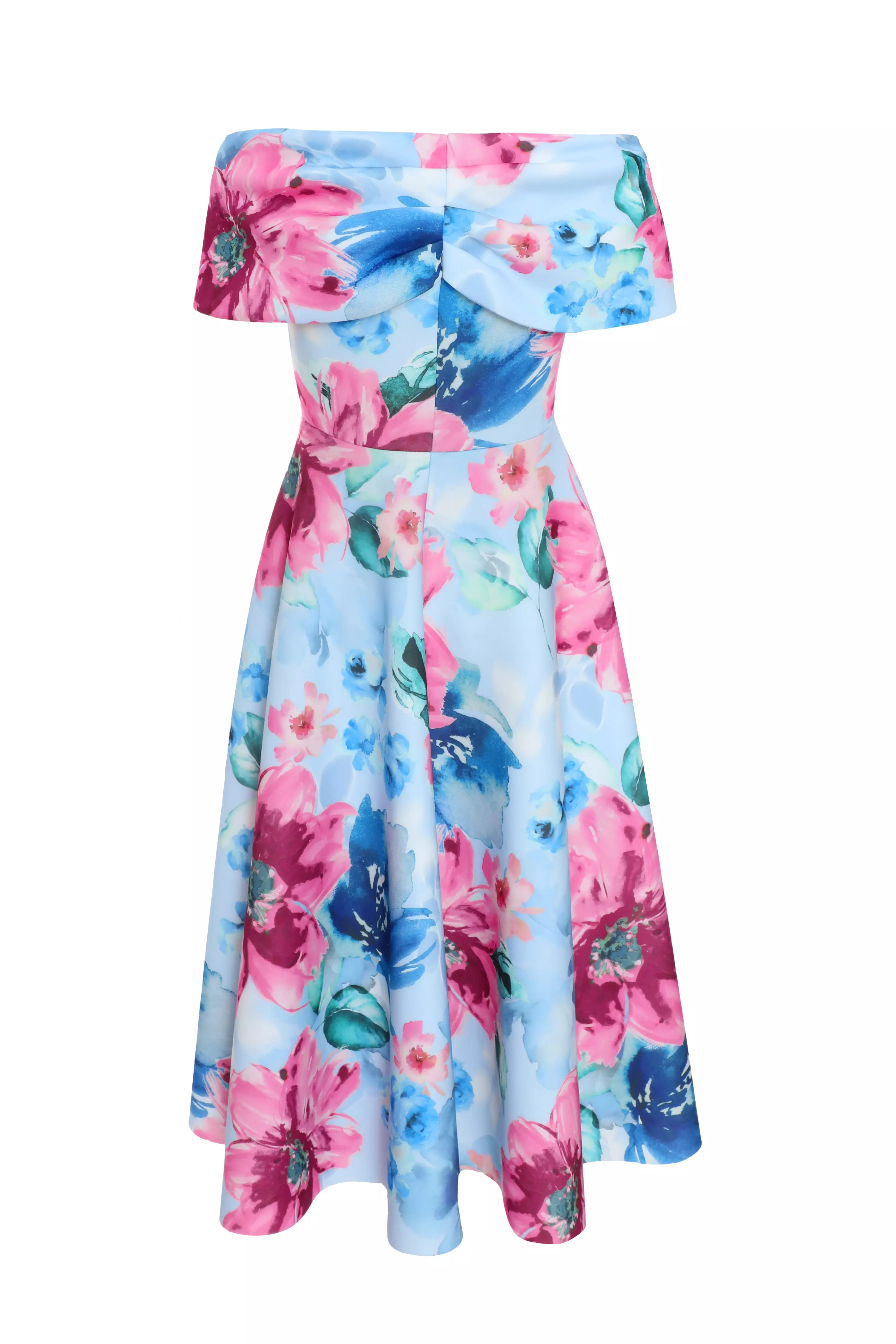 Blue Floral Bardot Skater Midi Dress