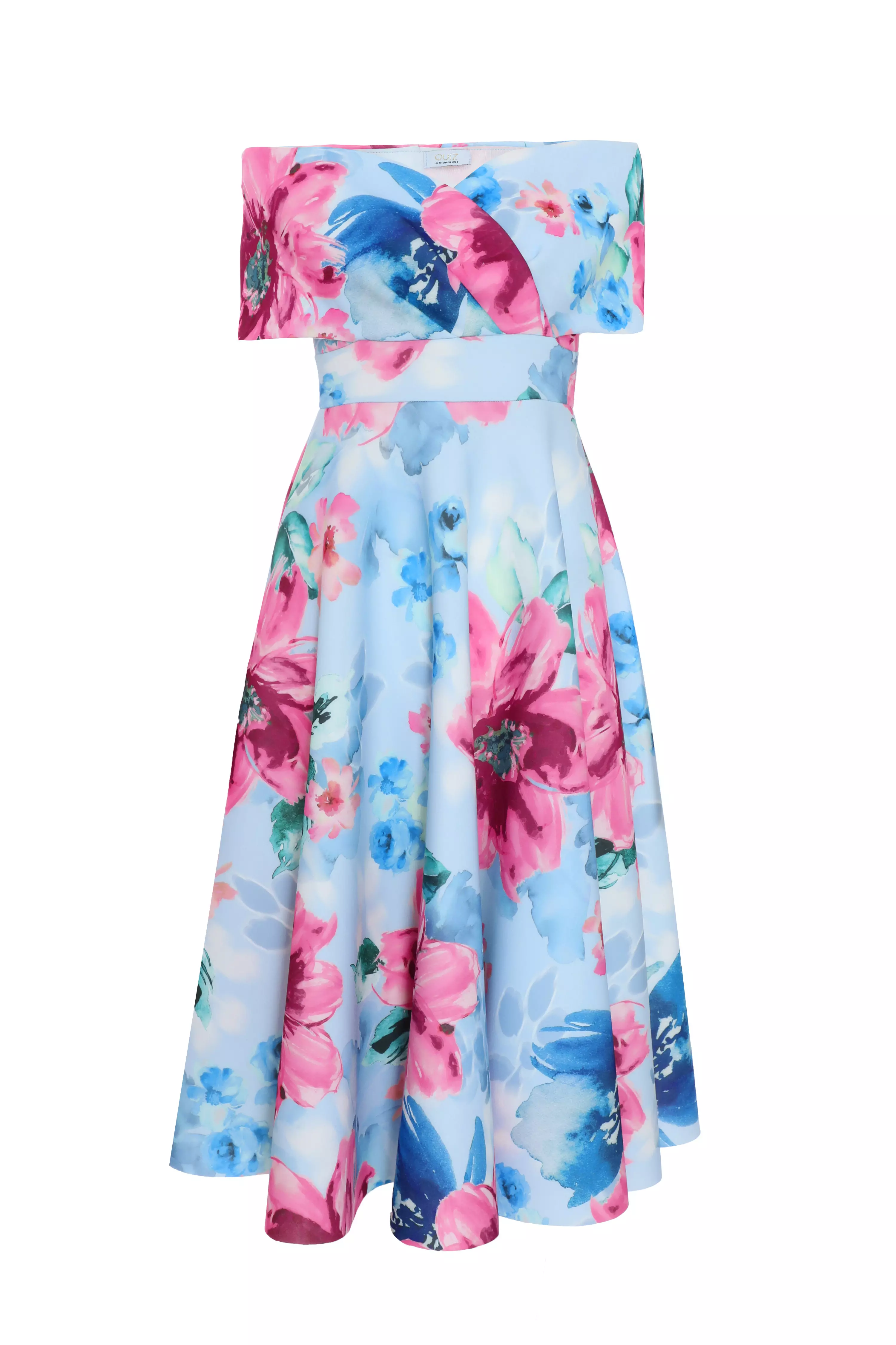 Blue Floral Bardot Skater Midi Dress