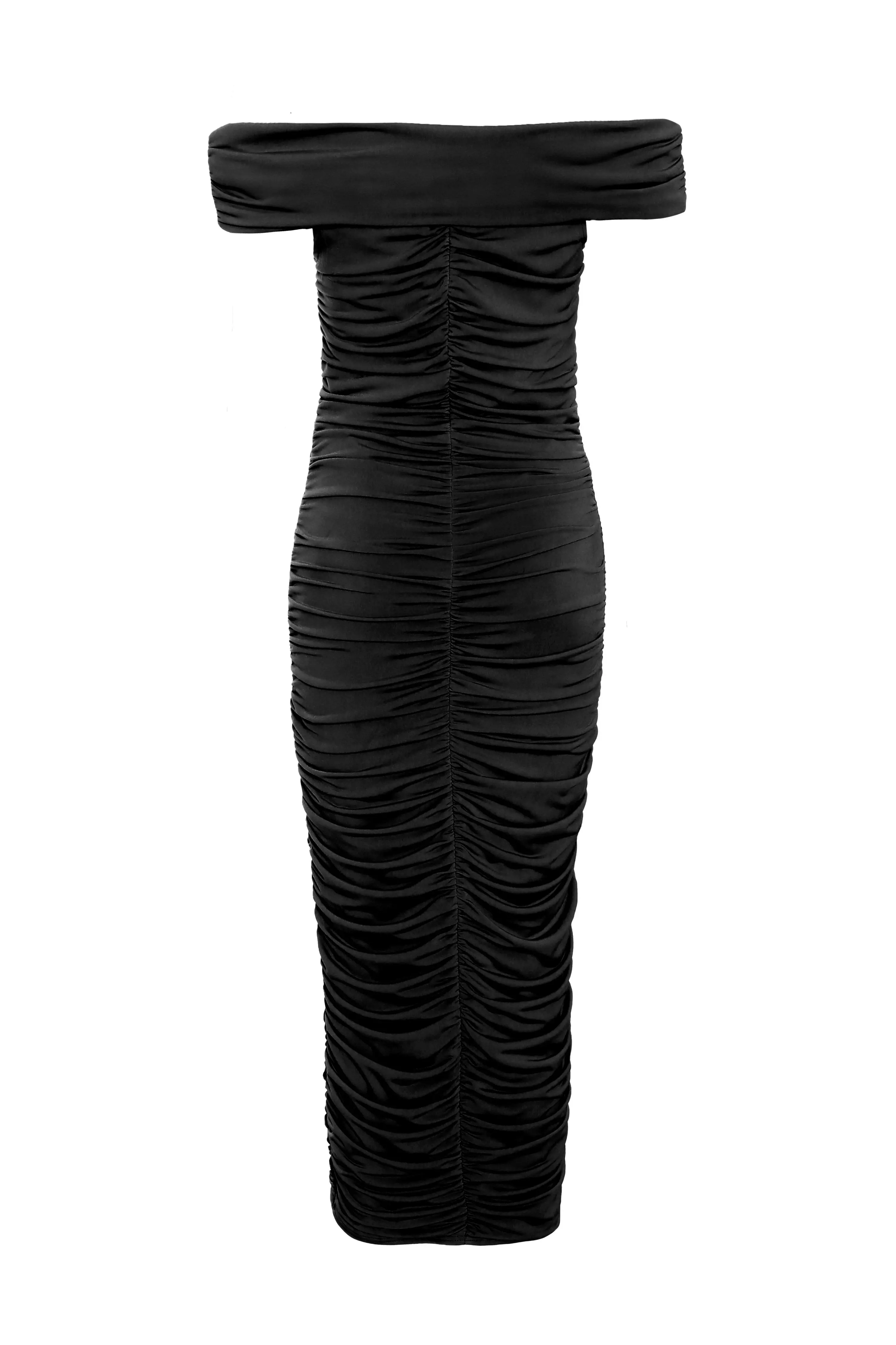 Black Bardot Ruched Midi Dress