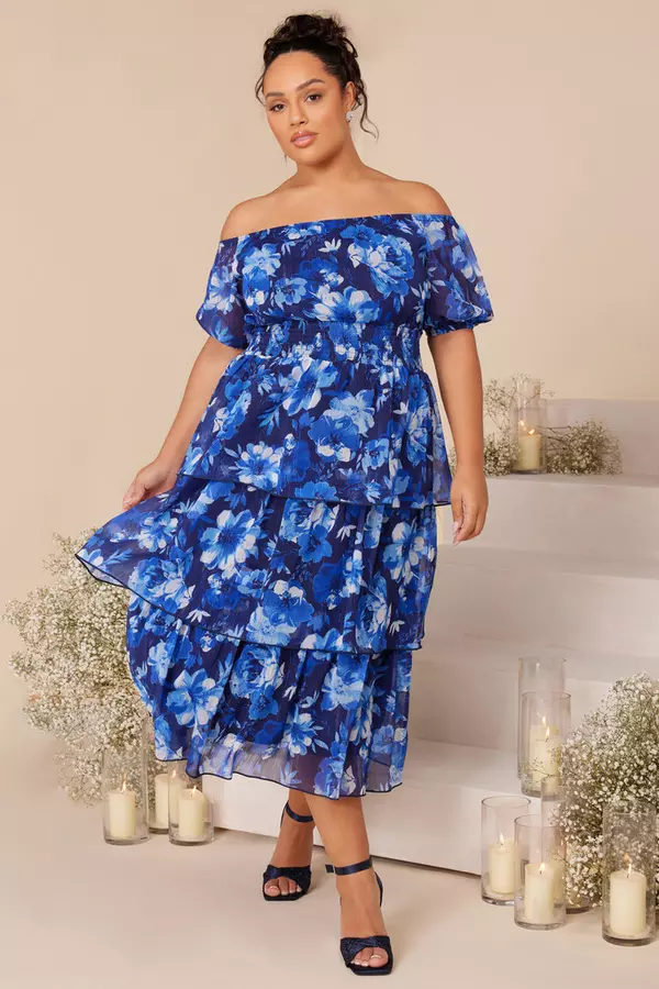 Curve Navy Chiffon Floral Bardot Midi Dress