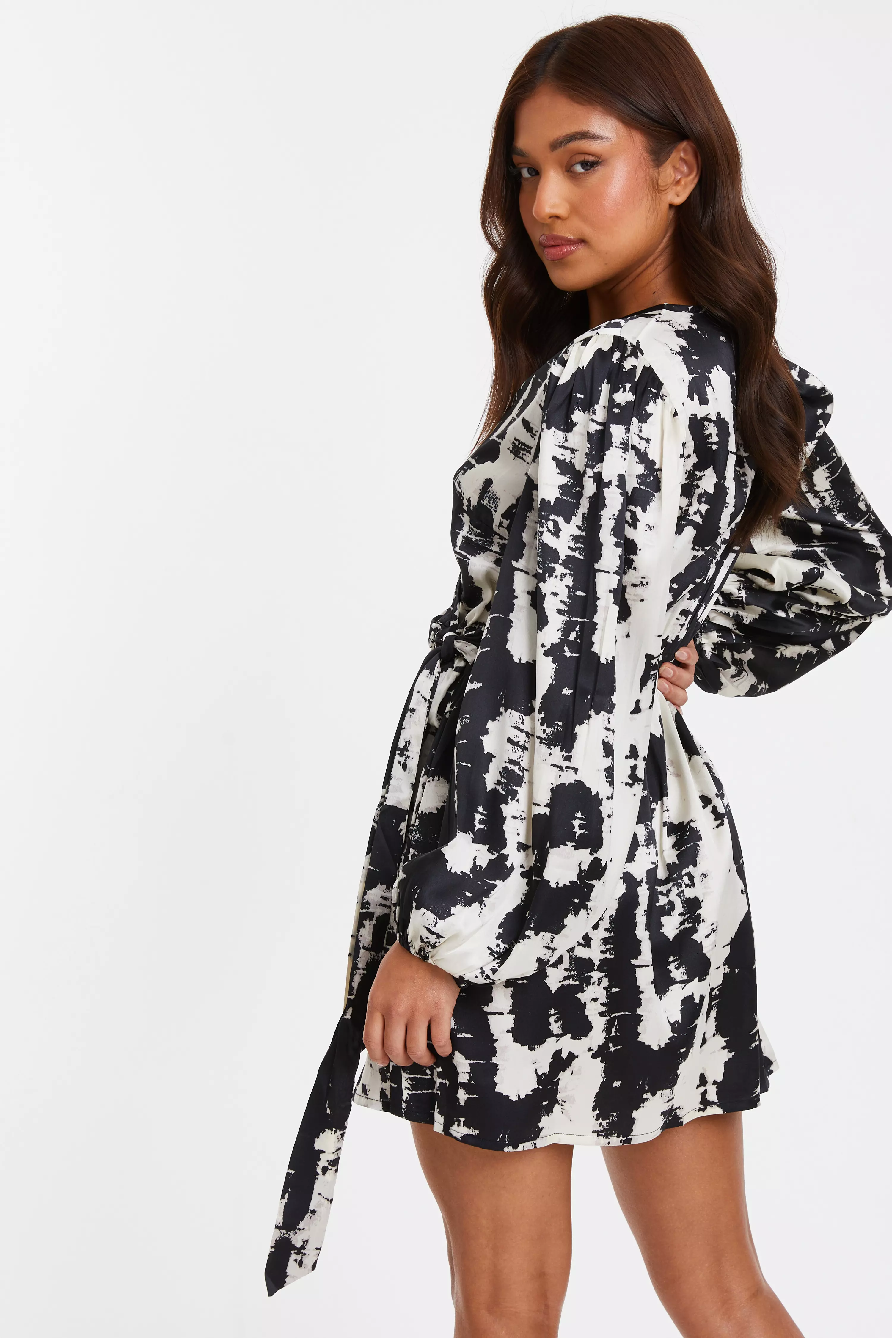 Petite Black Satin Marble Print Wrap Dress