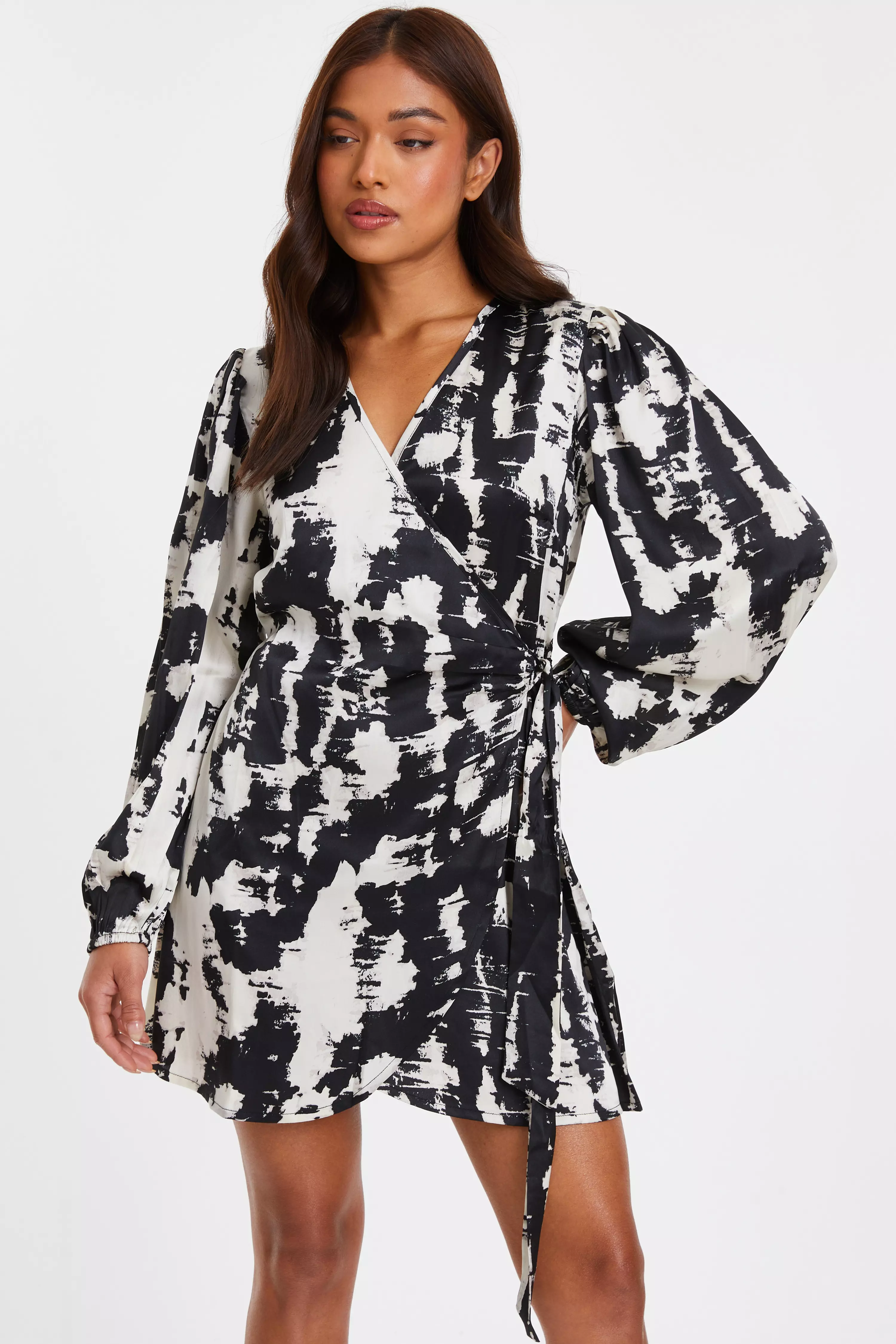 Petite Black Satin Marble Print Wrap Dress