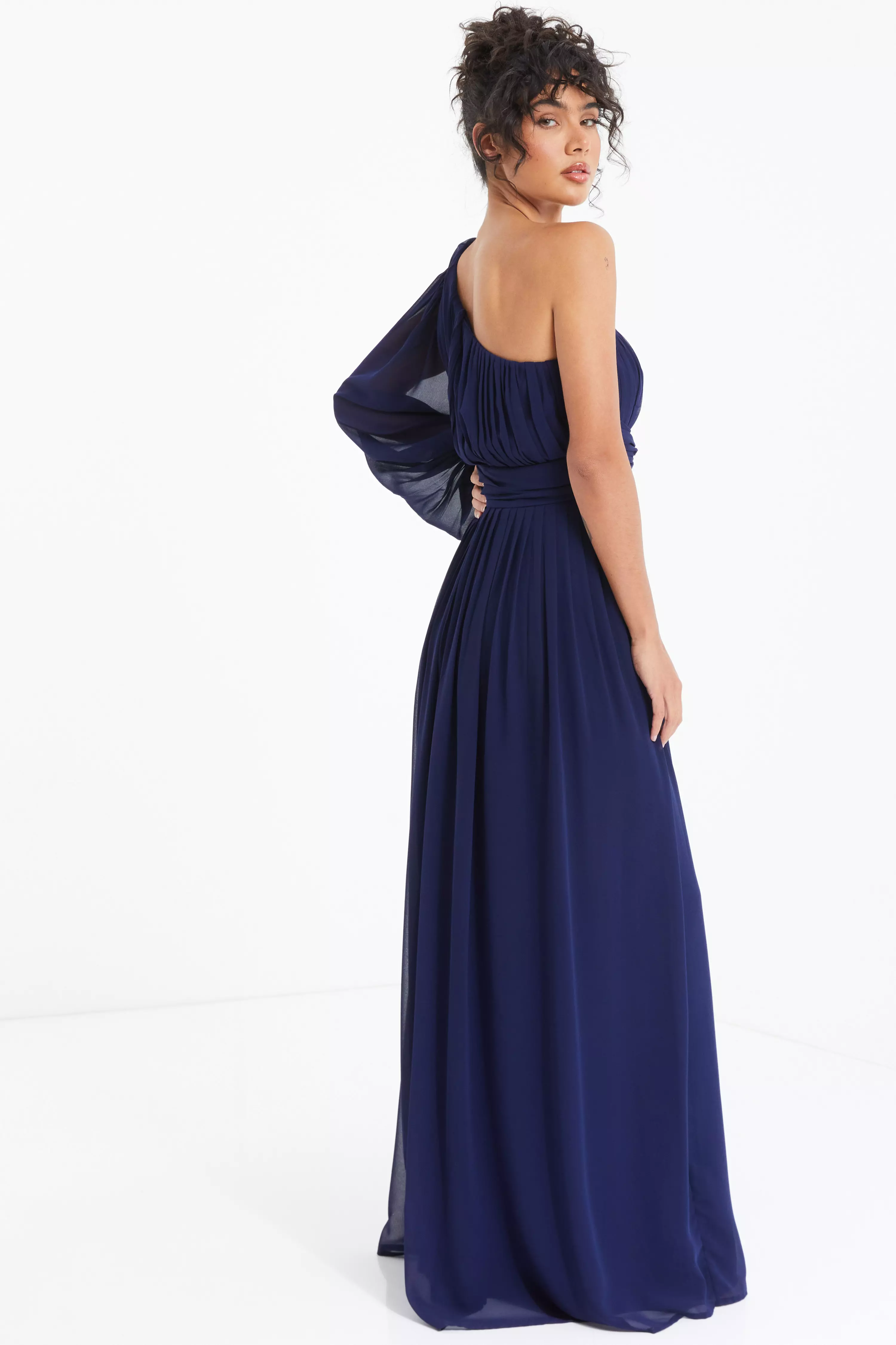 Navy Chiffon One Sleeve Maxi Dress