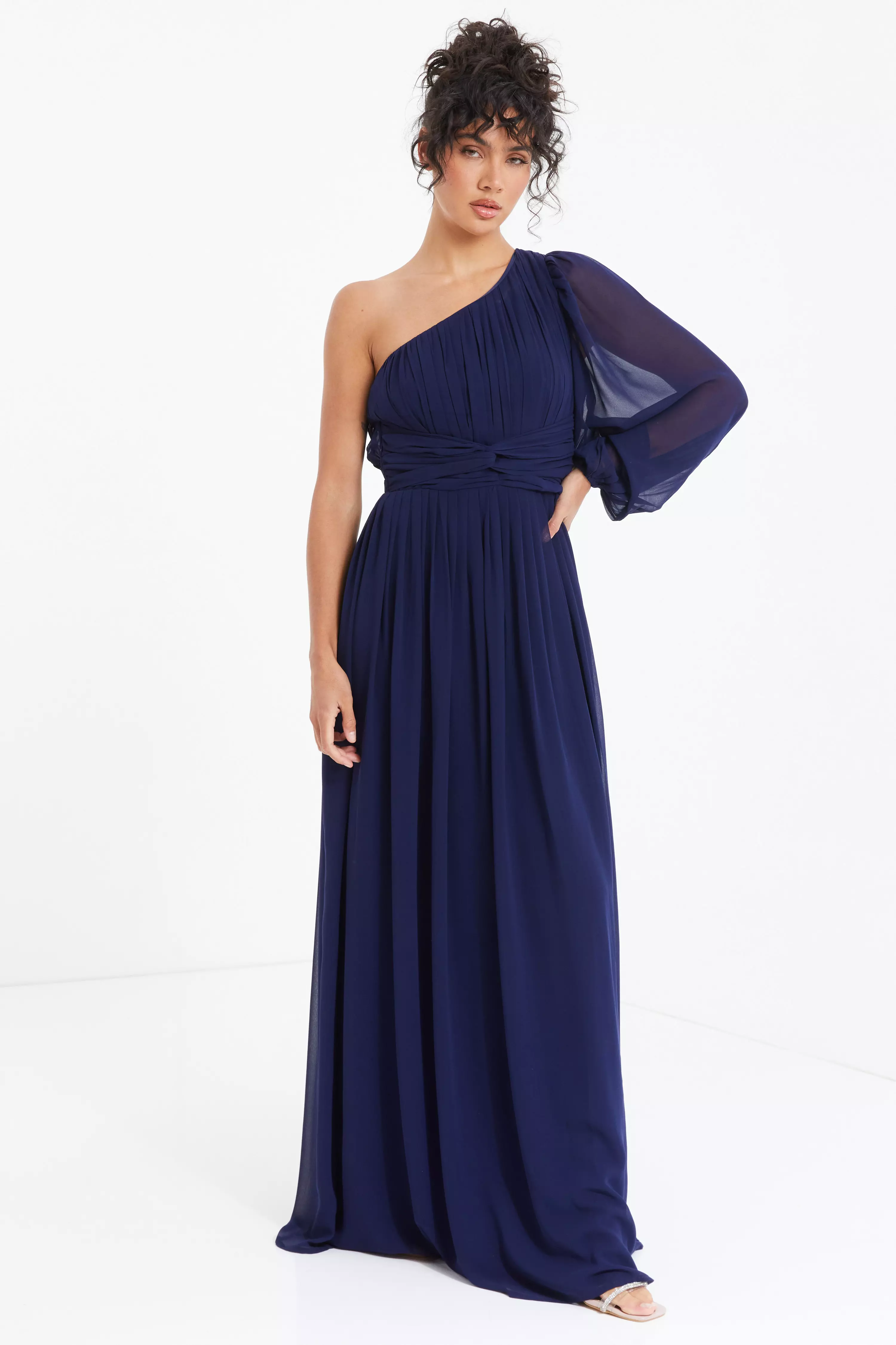 Navy Chiffon One Sleeve Maxi Dress