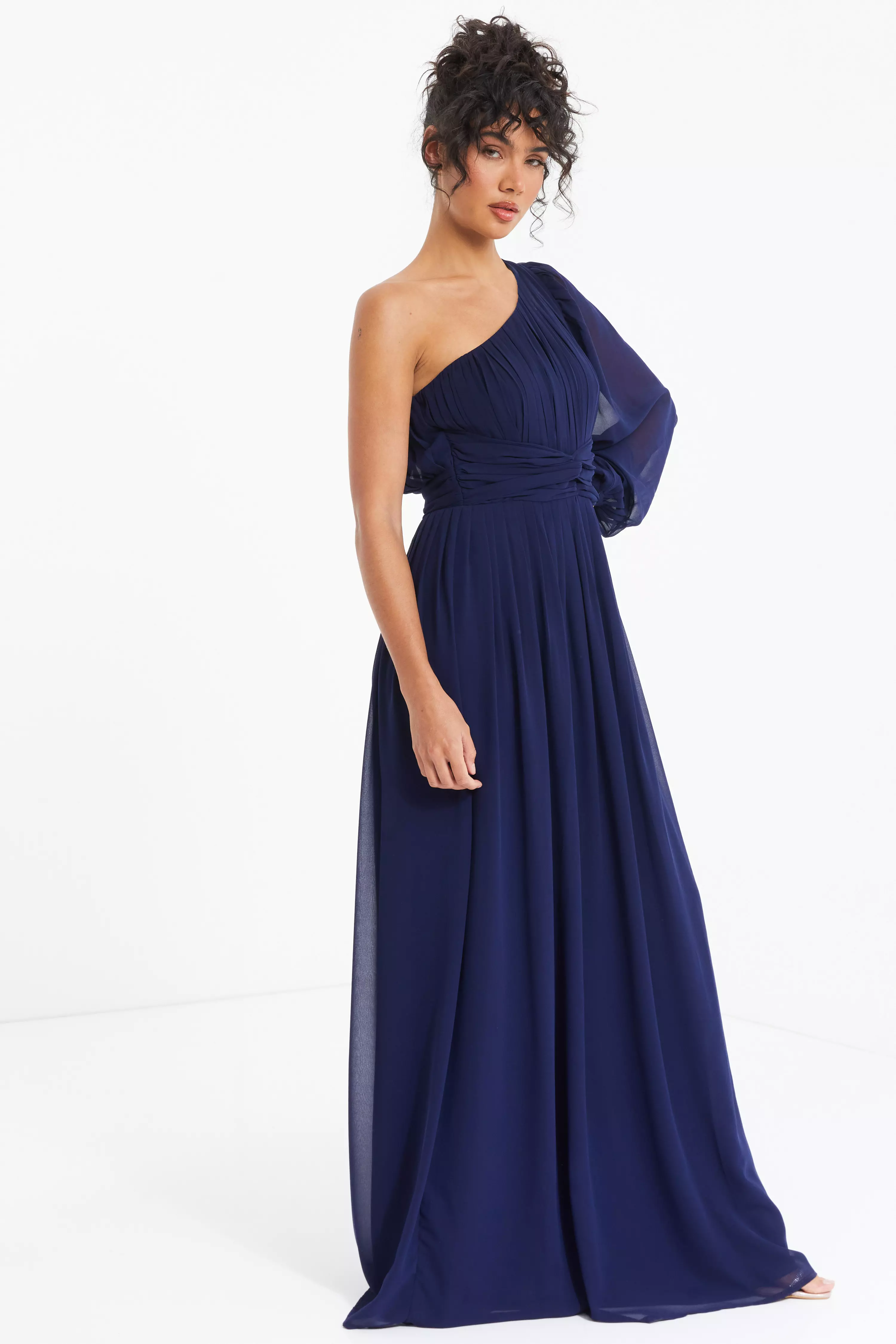 Navy Chiffon One Sleeve Maxi Dress