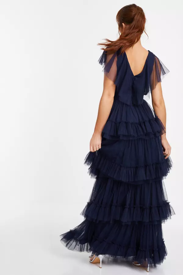 Navy Tulle Tiered Maxi Dress