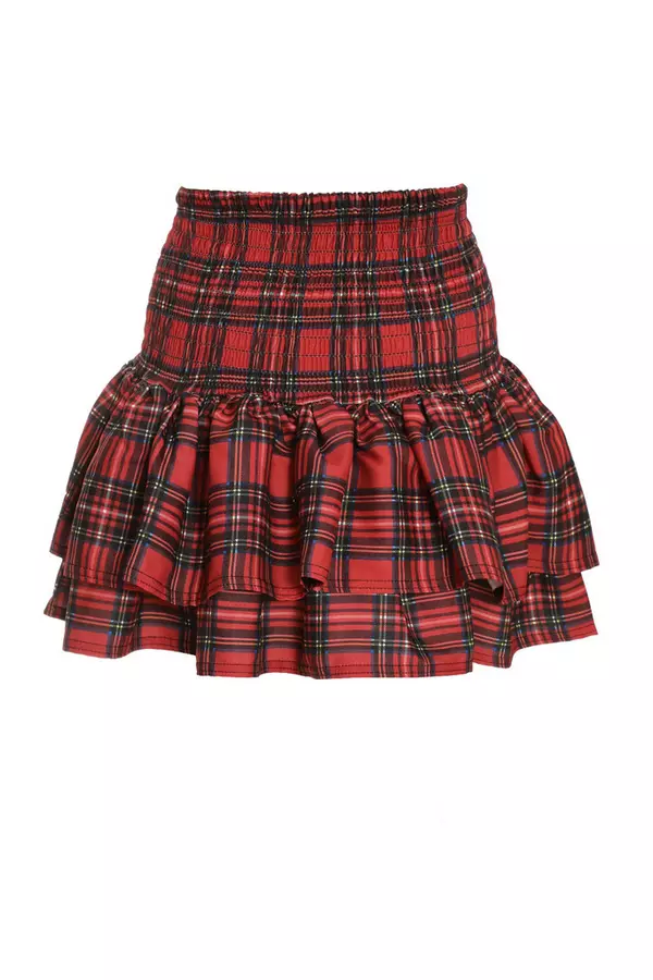 Red Check Print Ruched Frill Mini Skirt