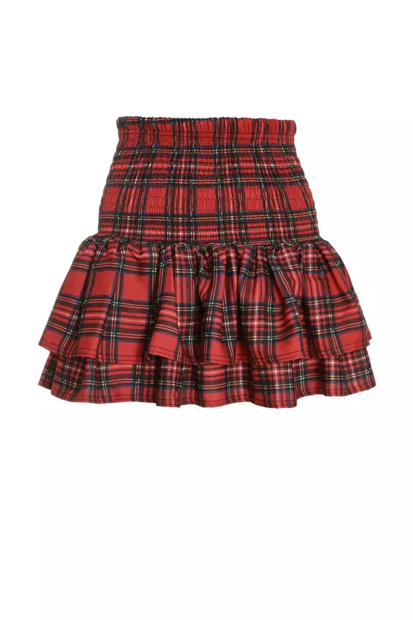 Red Check Print Ruched Frill Mini Skirt