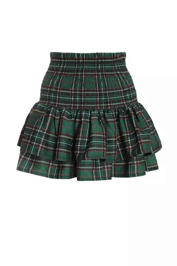 Green Check Print Ruched Frill Mini Skirt