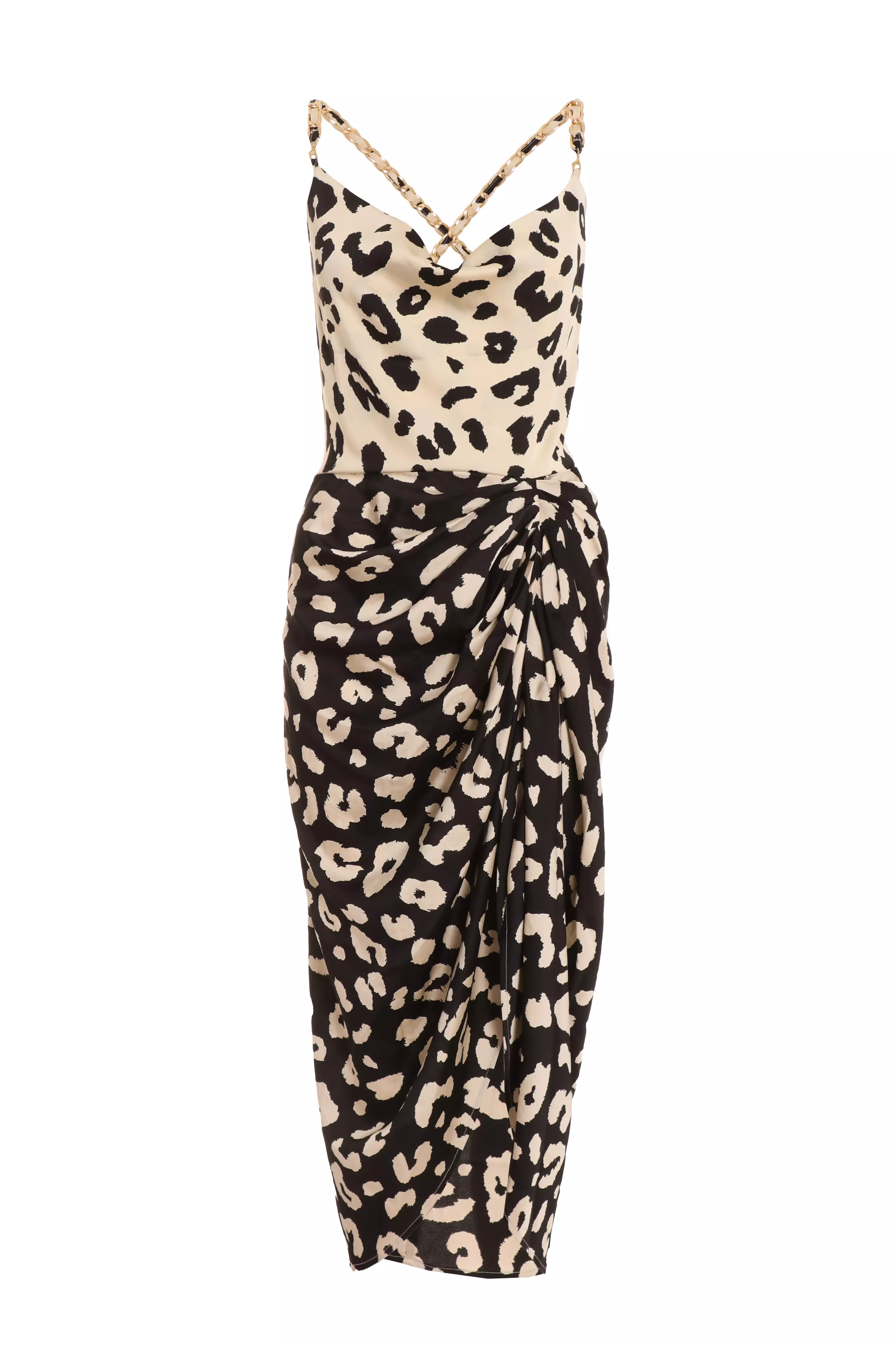 Cream Animal Print Ruched Midi Dress