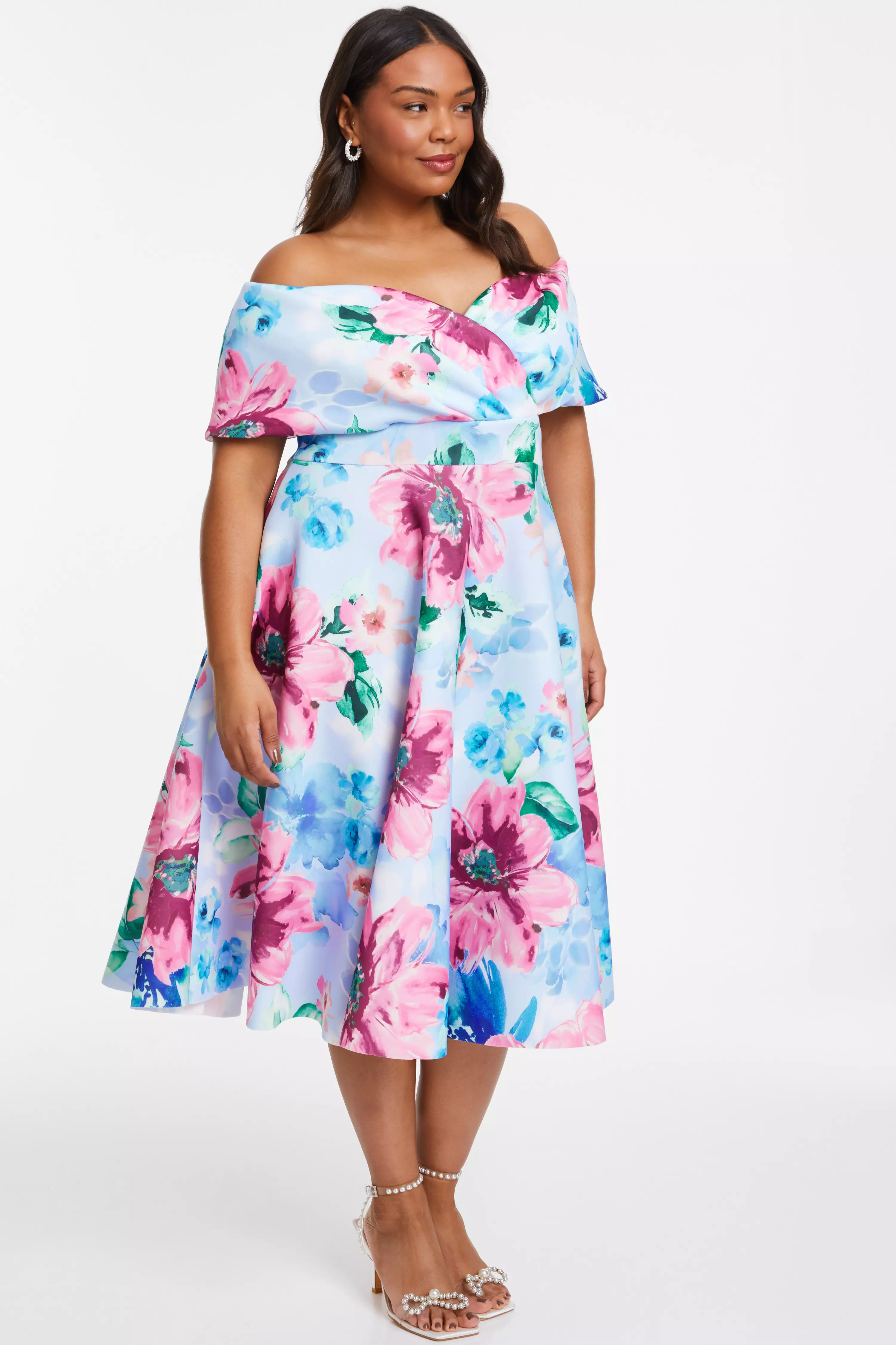 Curve Blue Floral Bardot Midi Skater Dress