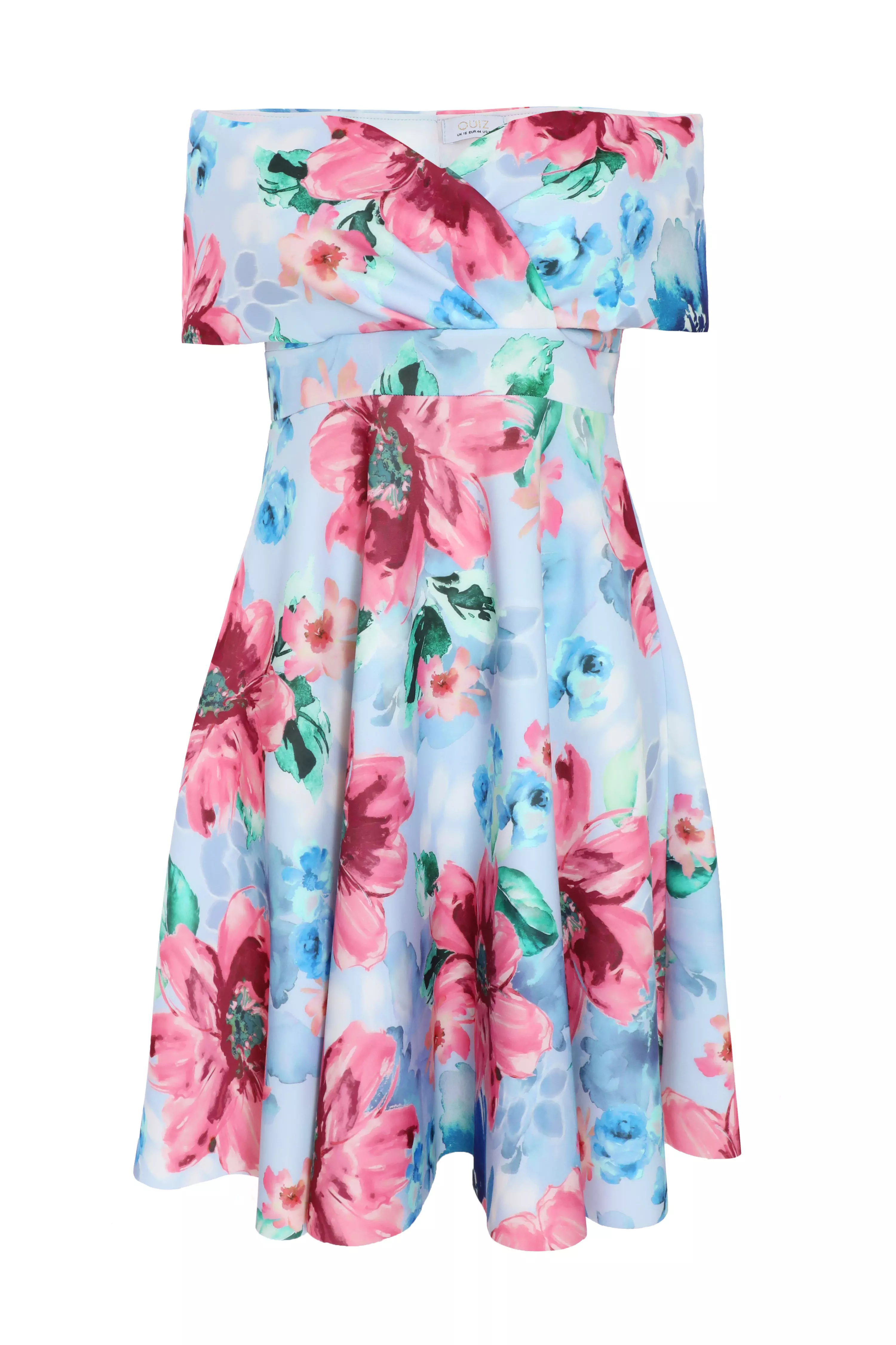 Curve Blue Floral Bardot Midi Skater Dress