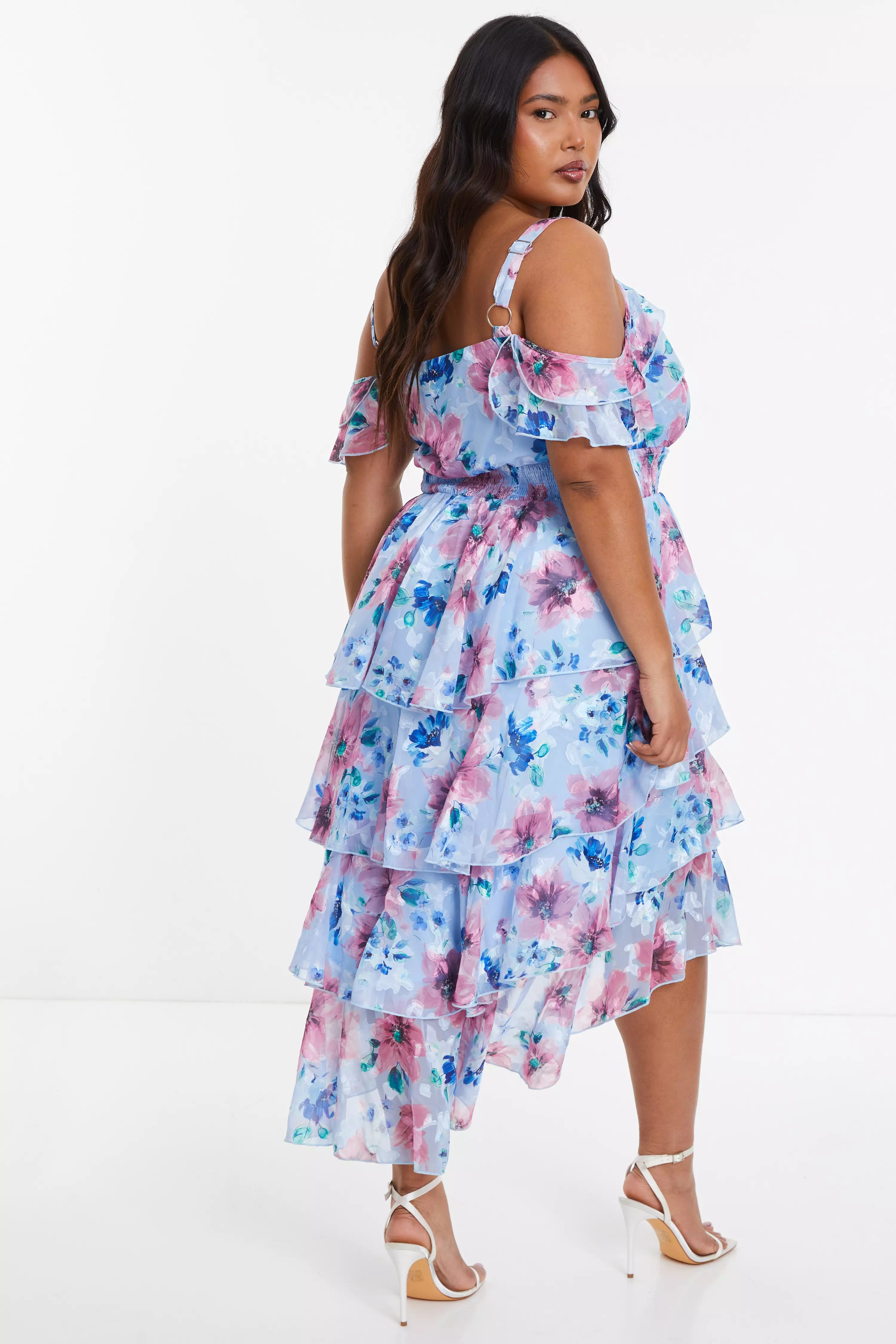 Curve Blue Floral Chiffon Tiered Midi Dress