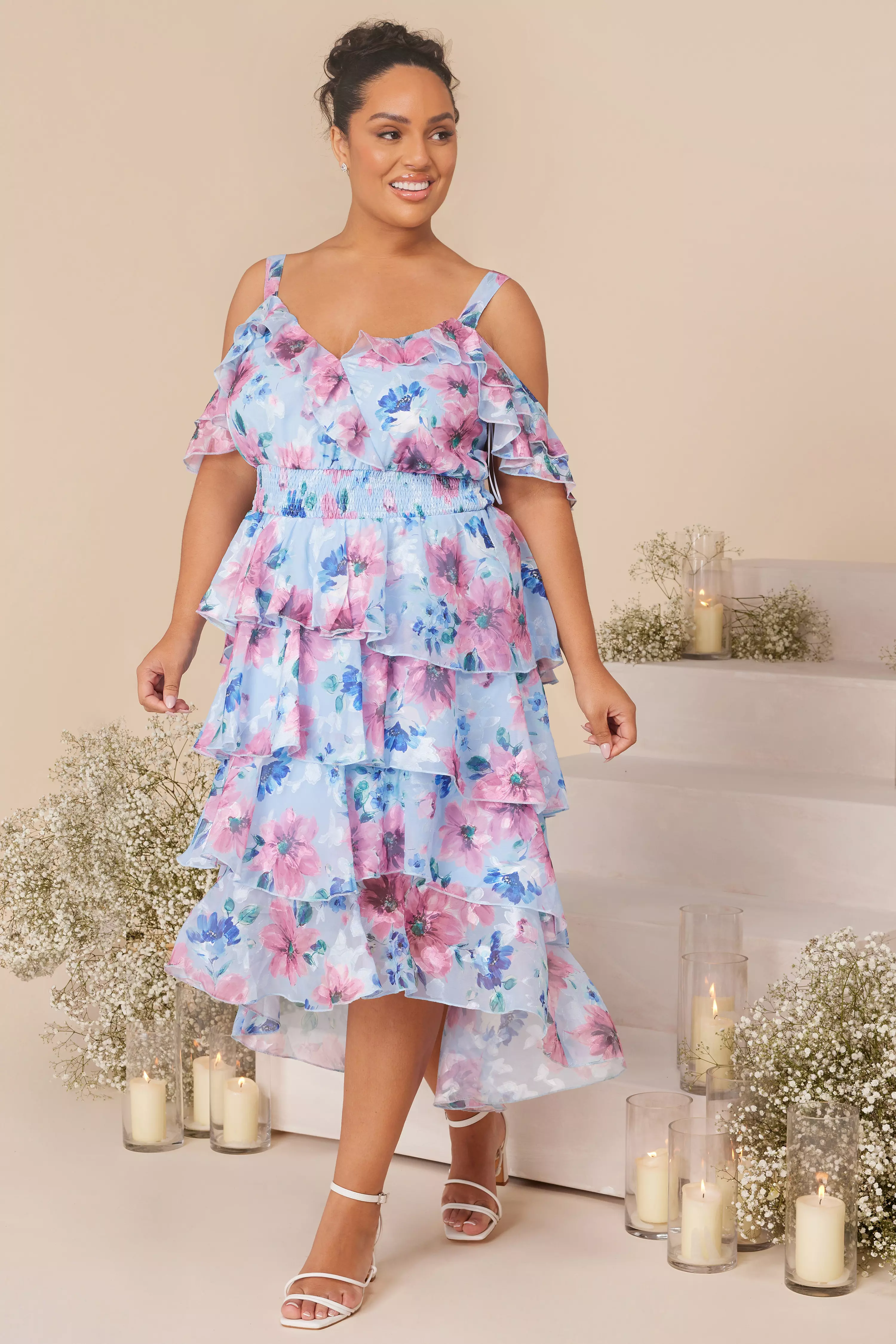 Curve Blue Floral Chiffon Tiered Midi Dress