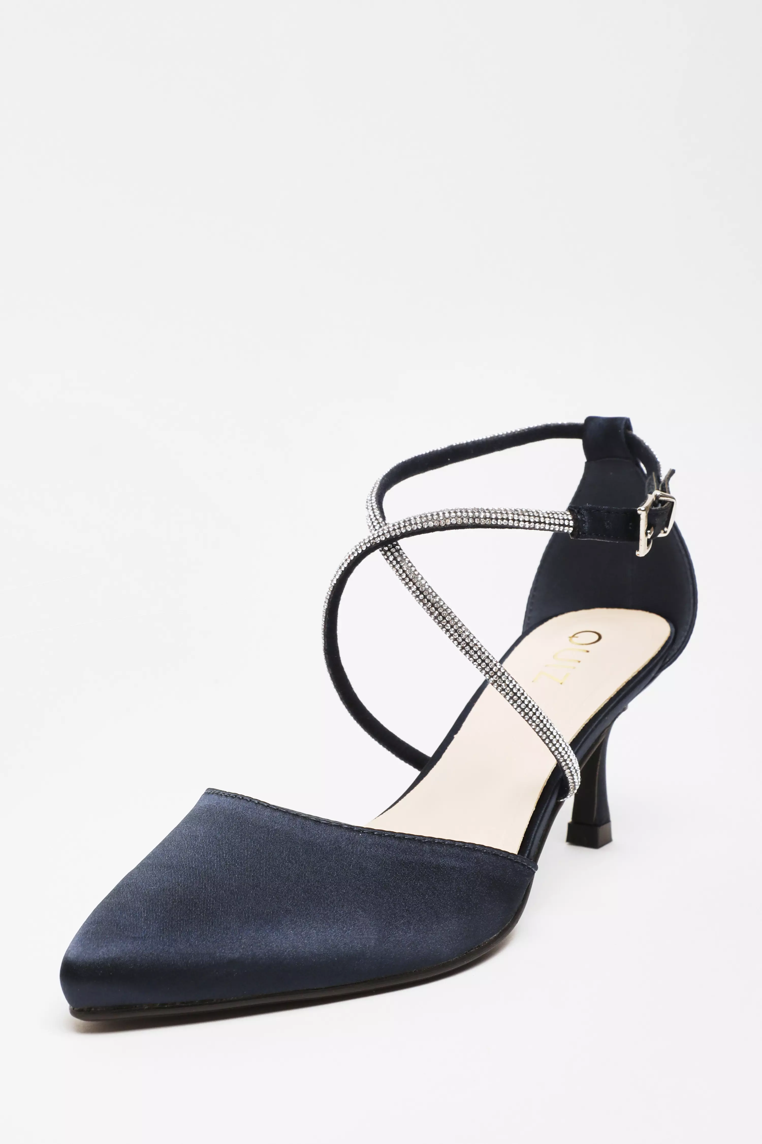 Navy Satin Cross Strap Court Heels