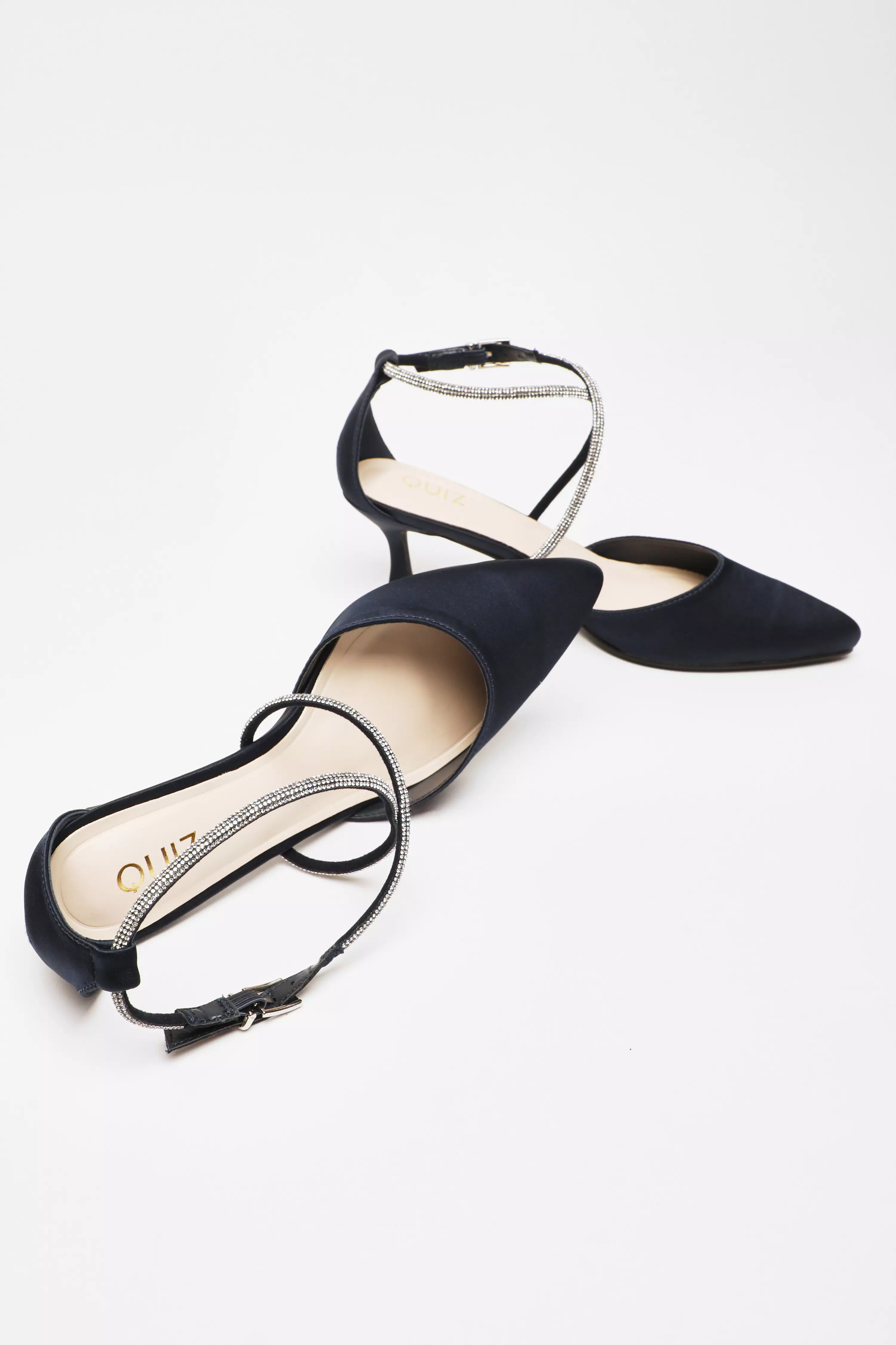 Navy Satin Cross Strap Court Heels