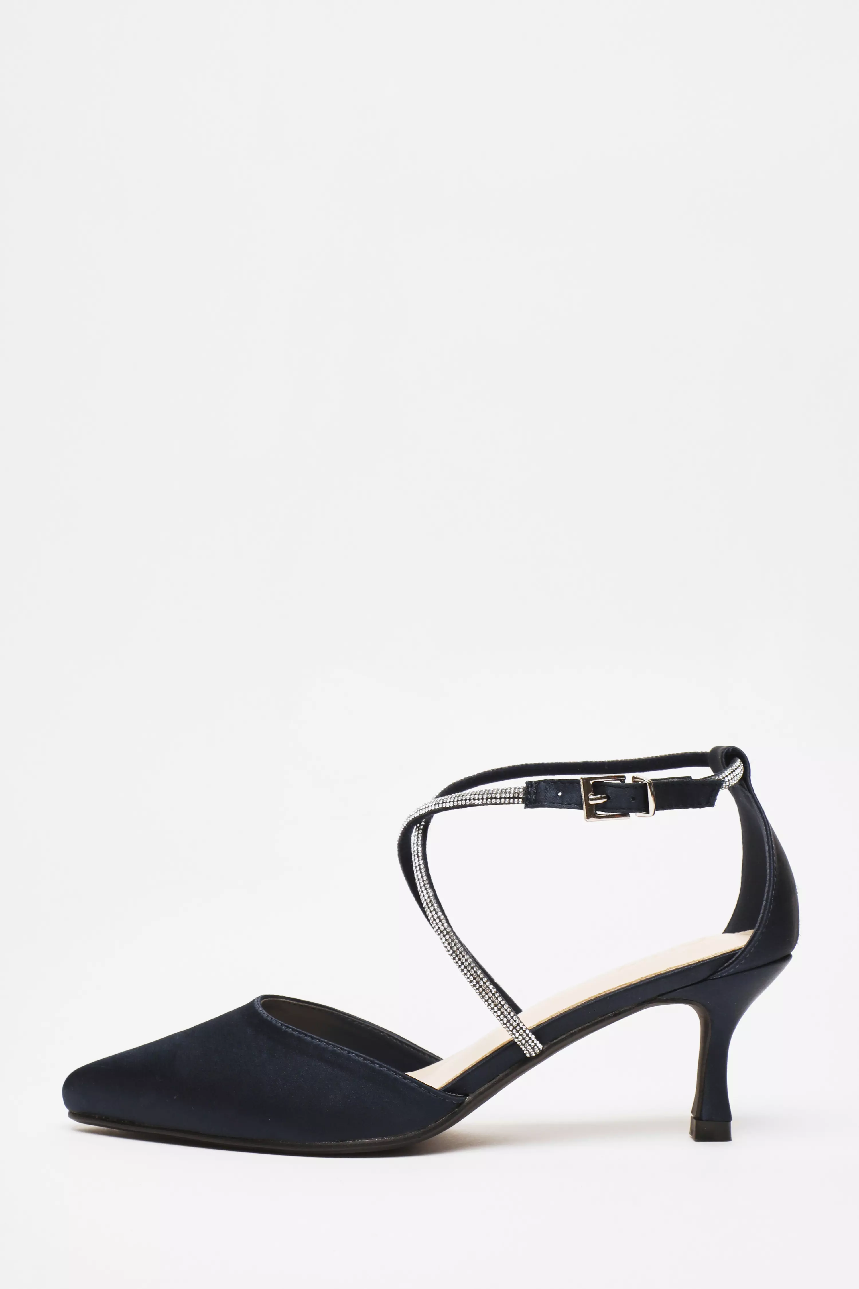 Navy Satin Cross Strap Court Heels