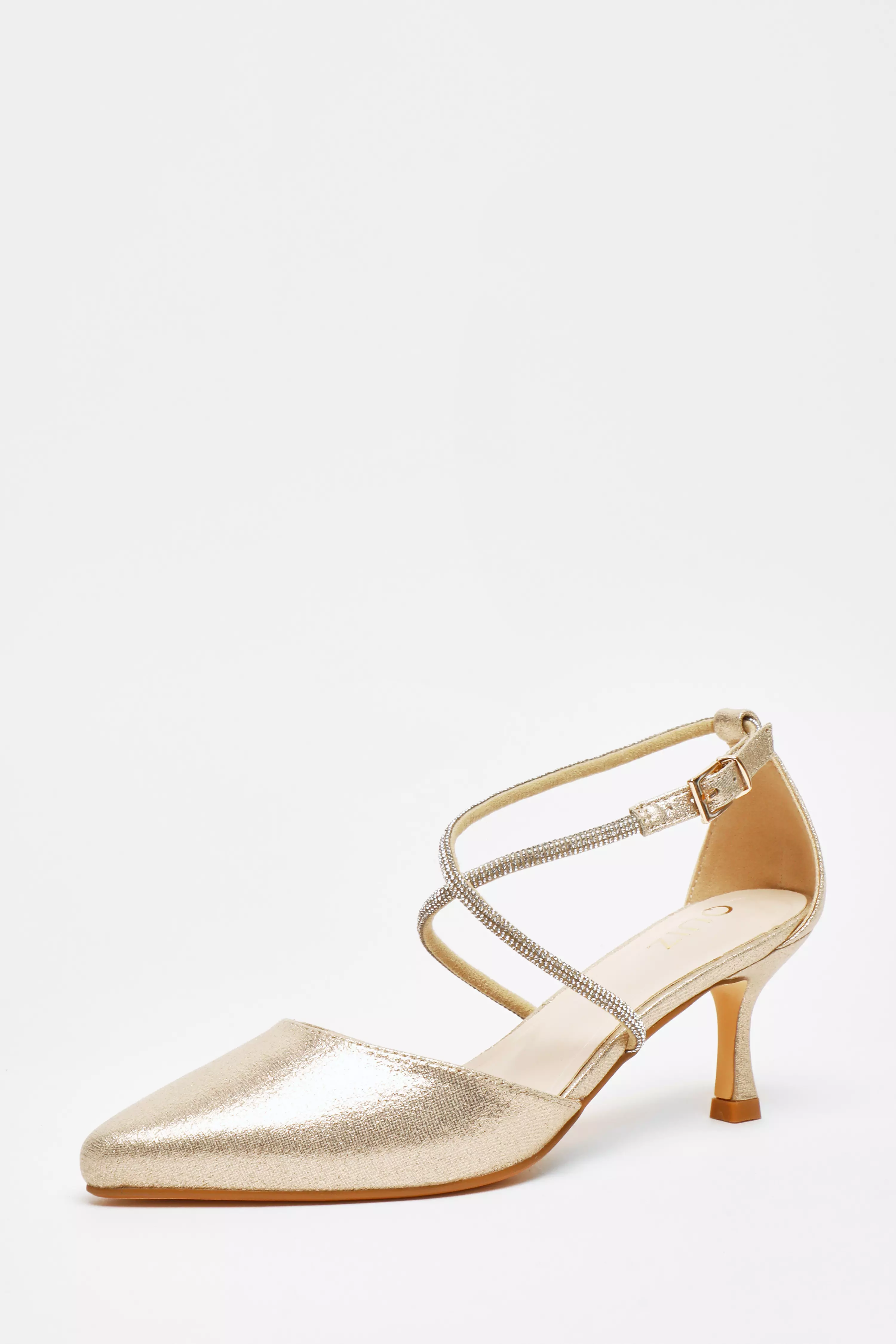 Gold Satin Cross Strap Court Heels