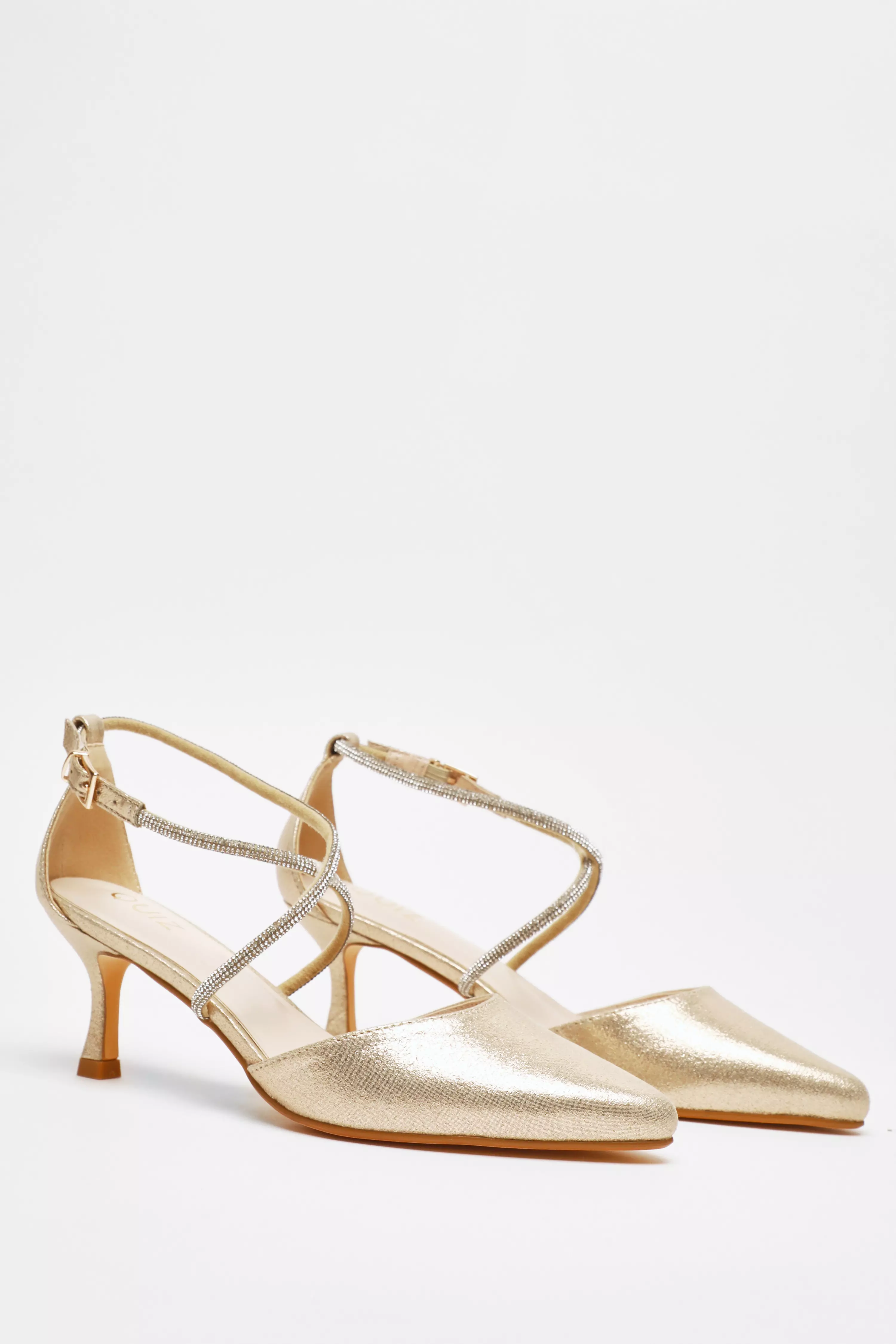 Gold Satin Cross Strap Court Heels