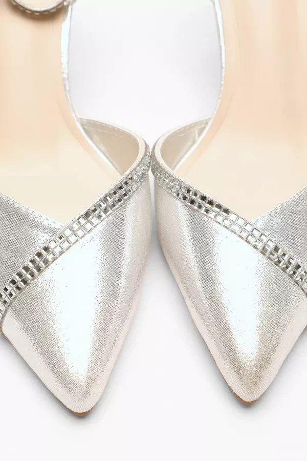 Silver Shimmer Diamante Trim Court Heels