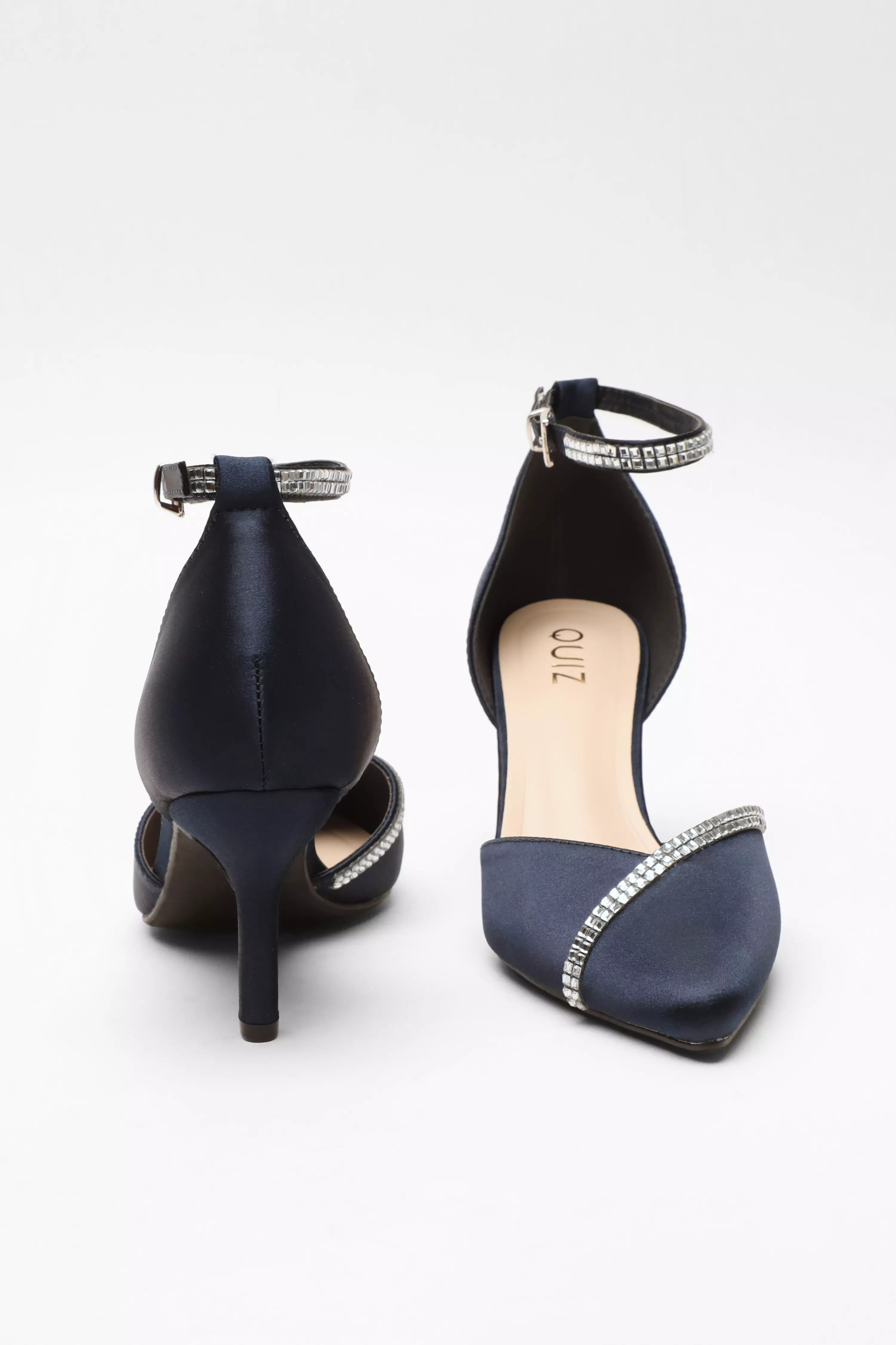 Navy Satin Diamante Trim Court Heels