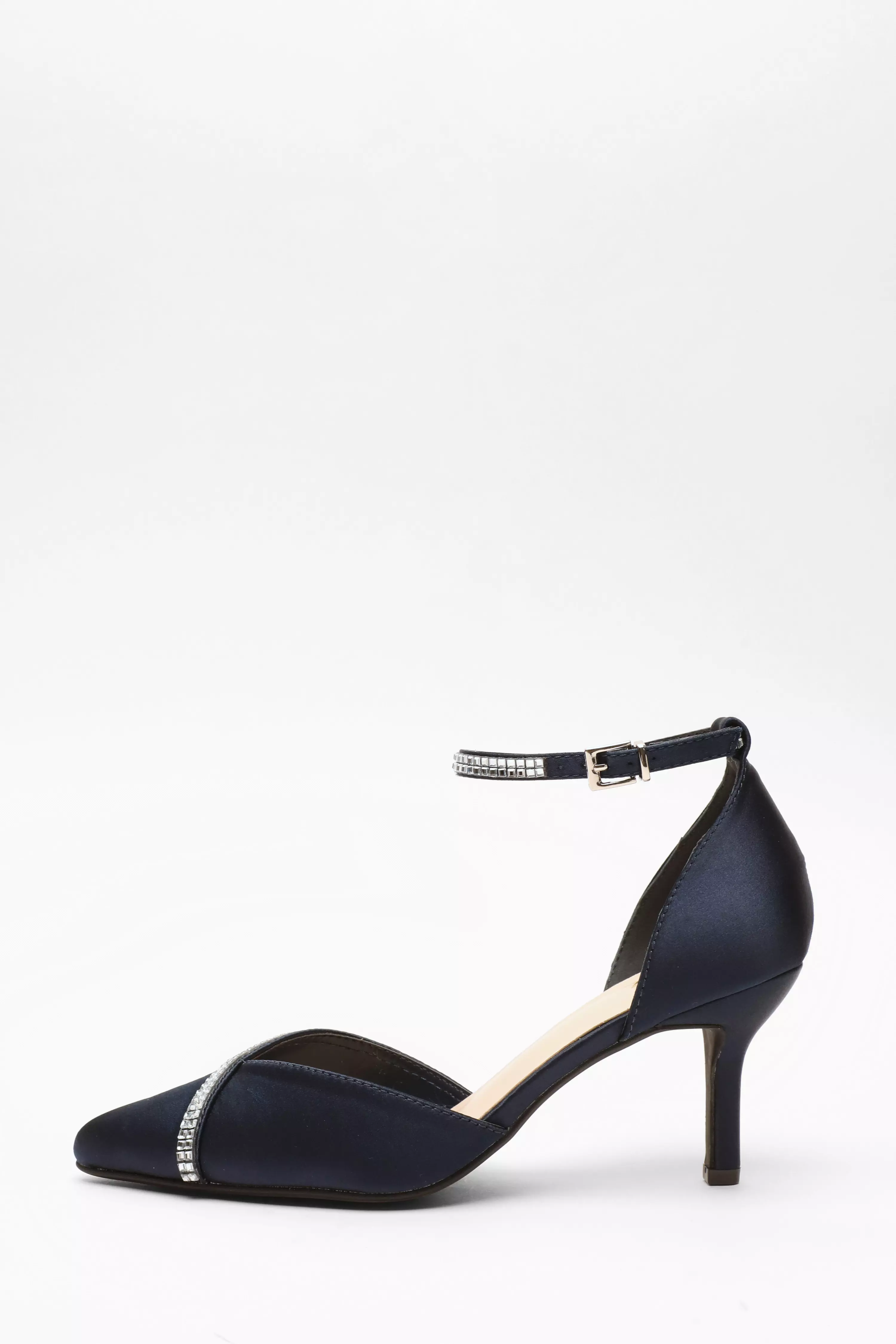 Navy Satin Diamante Trim Court Heels