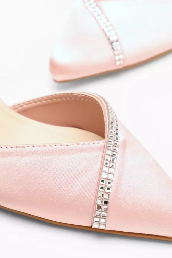 Pink Satin Diamante Trim Court Heels