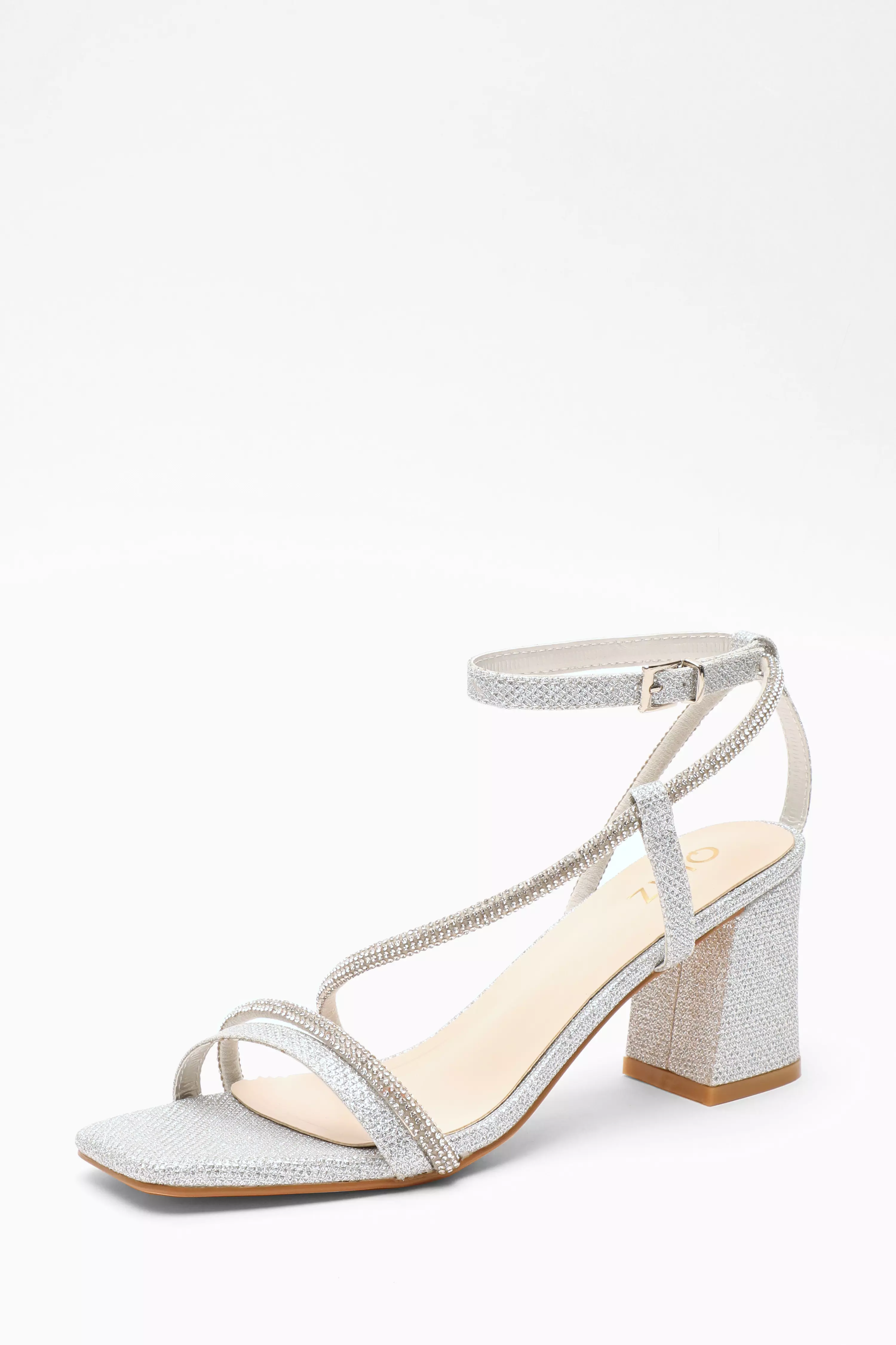 Silver Diamante Block Heeled Sandals