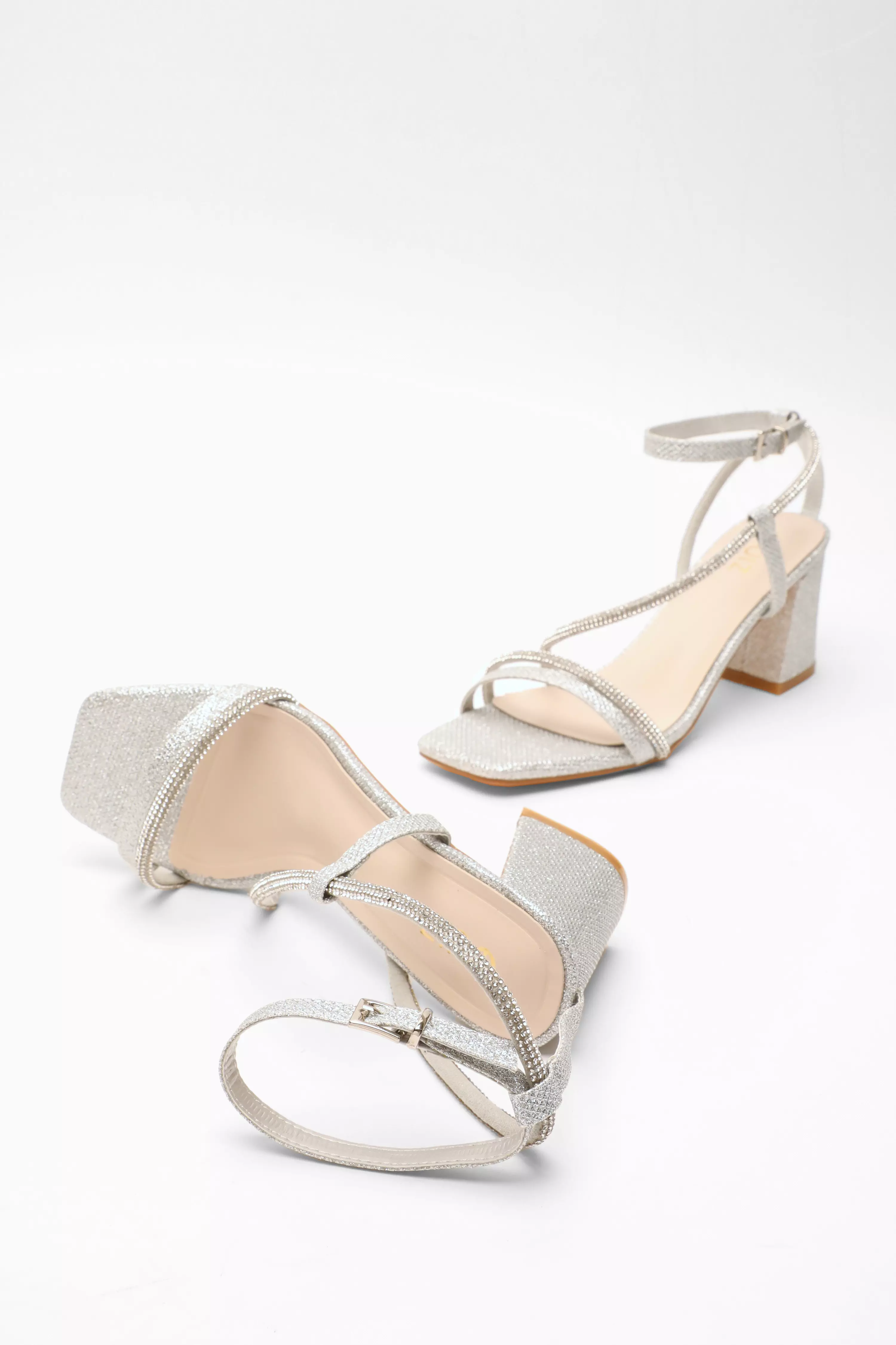 Silver Diamante Block Heeled Sandals