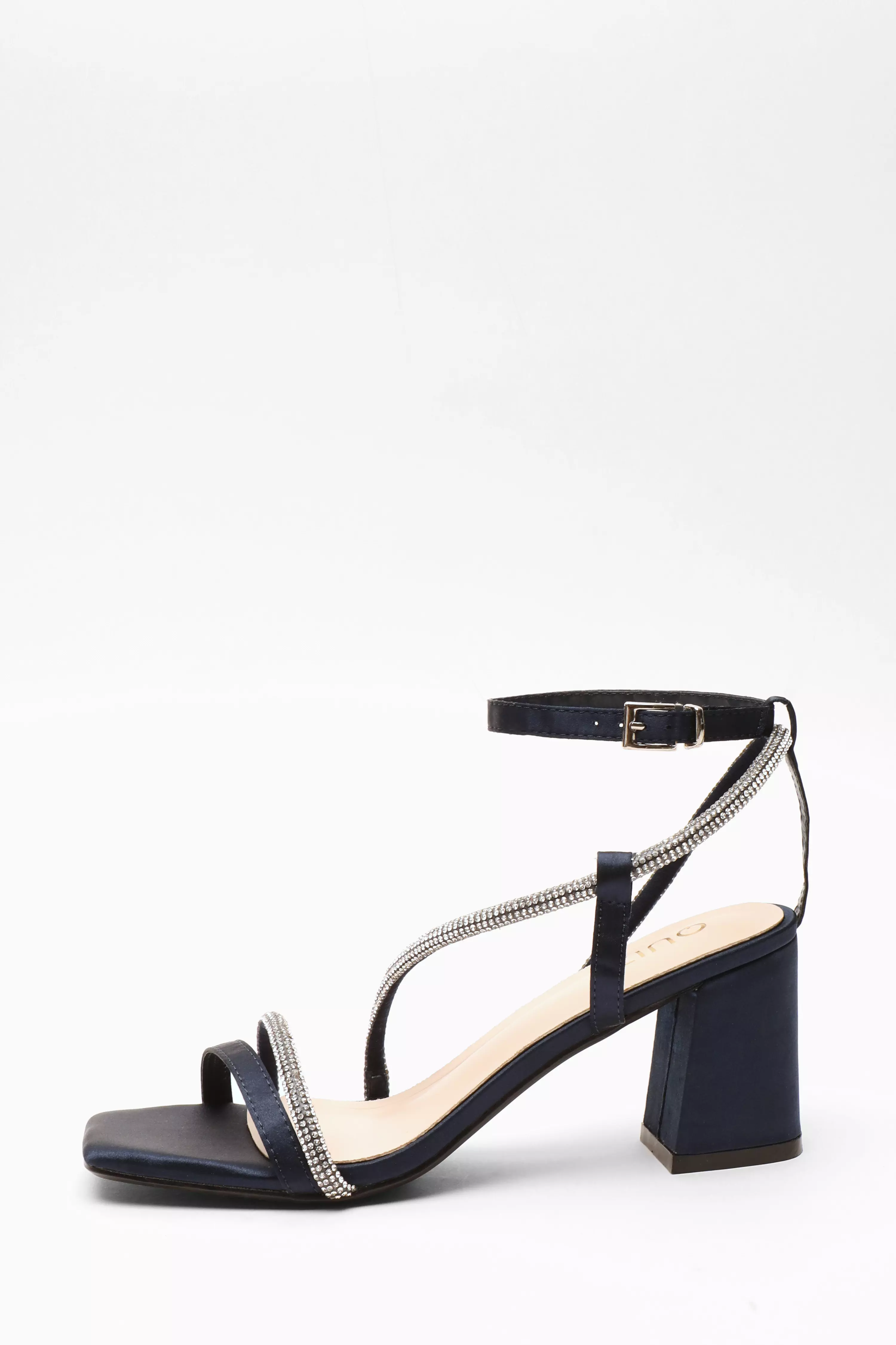 Navy Satin Diamante Block Heeled Sandals