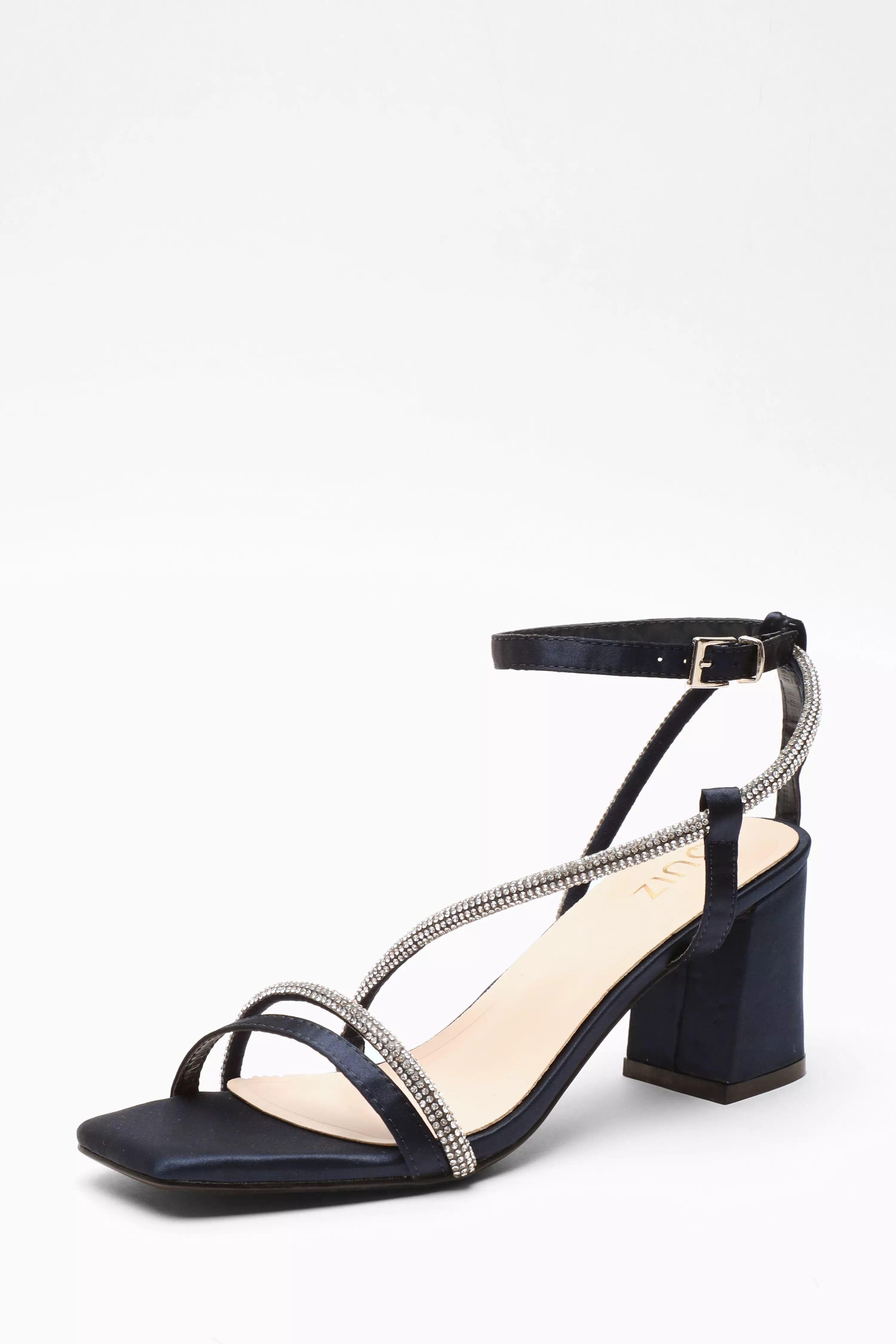 Navy Satin Diamante Block Heeled Sandals