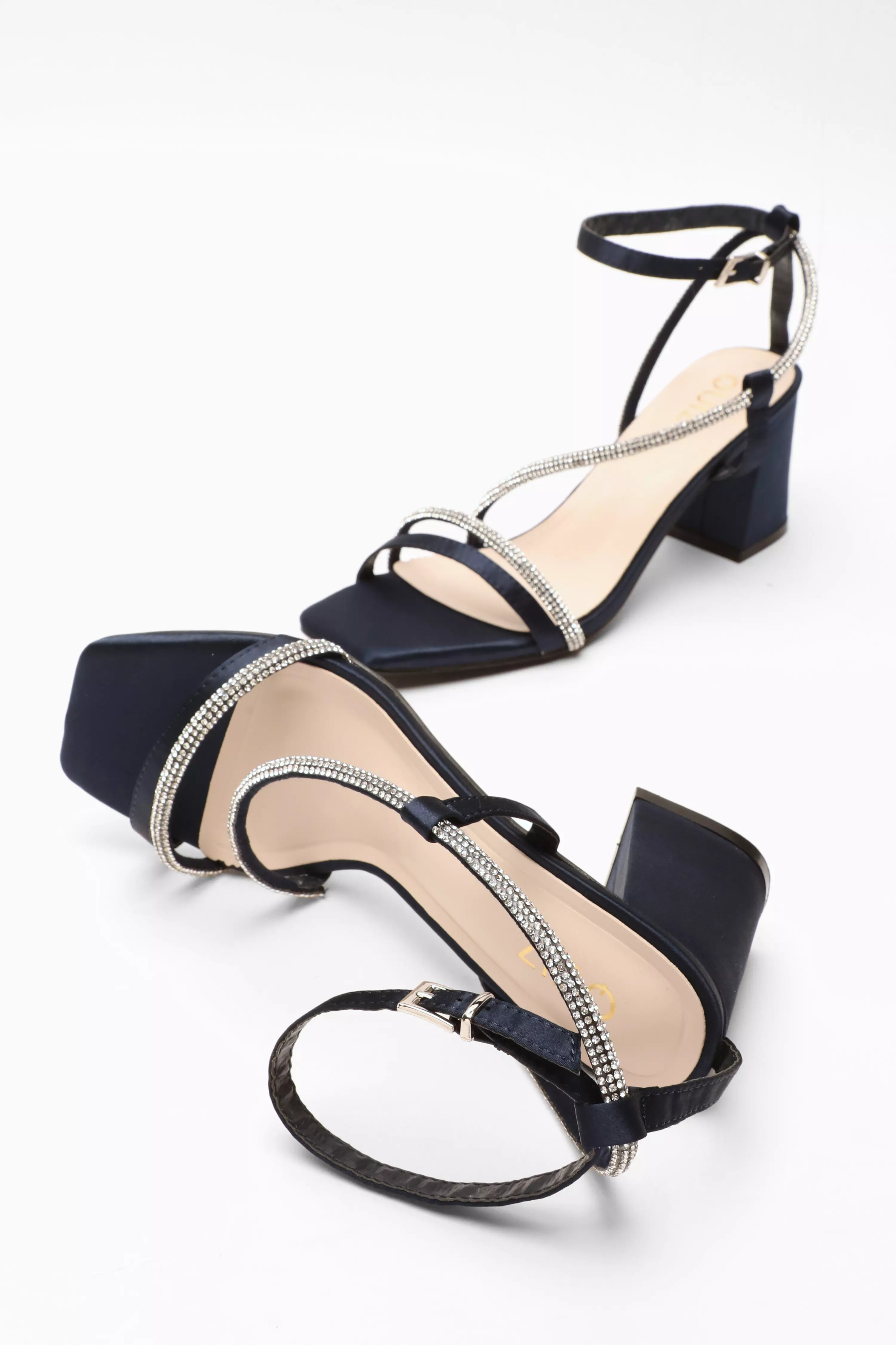 Navy Satin Diamante Block Heeled Sandals