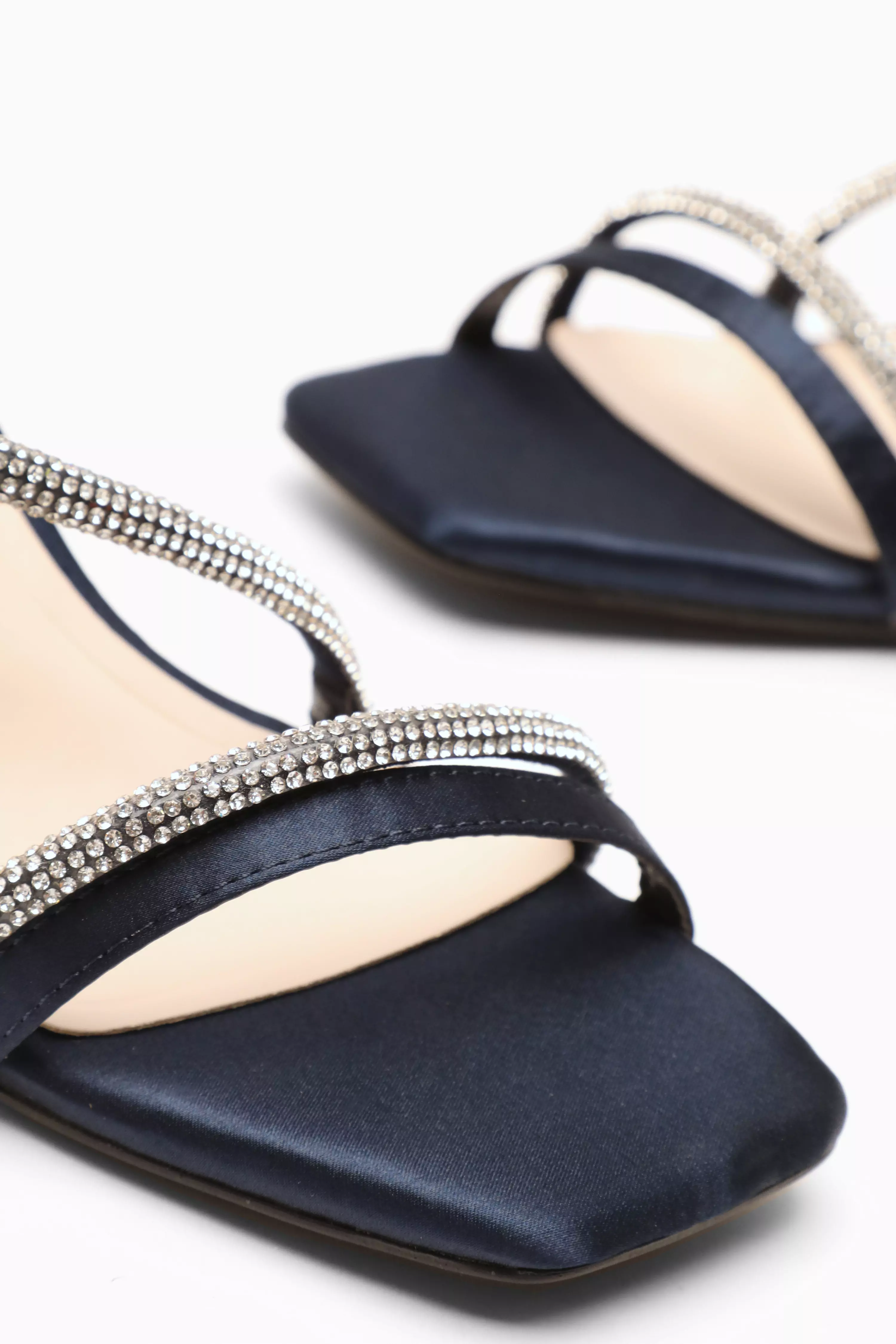 Navy Satin Diamante Block Heeled Sandals